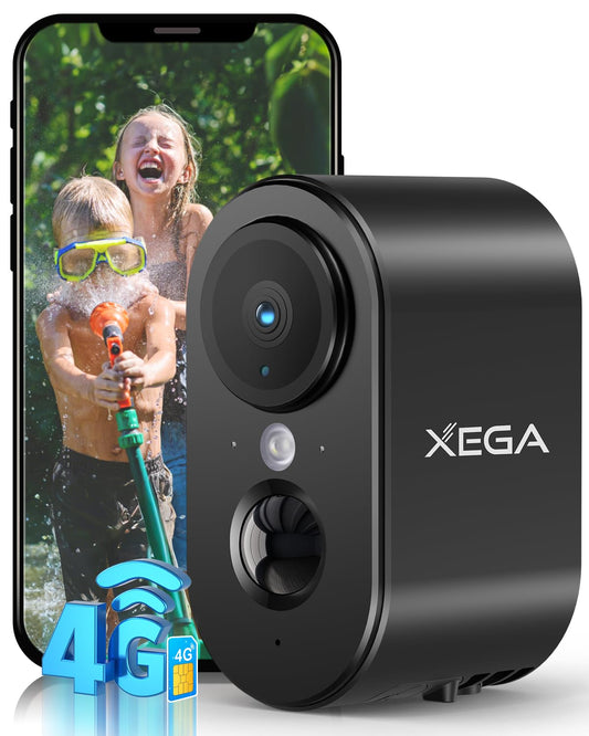 Xega 4G Cellular Security Camera Indoor Built-in SIM Card, 2K No Wi-Fi Camera Portable, LTE Cameras with 6000mAh Battery, PIR Motion Detection, Color Night Vision, 2-Way Audio, TF/Cloud