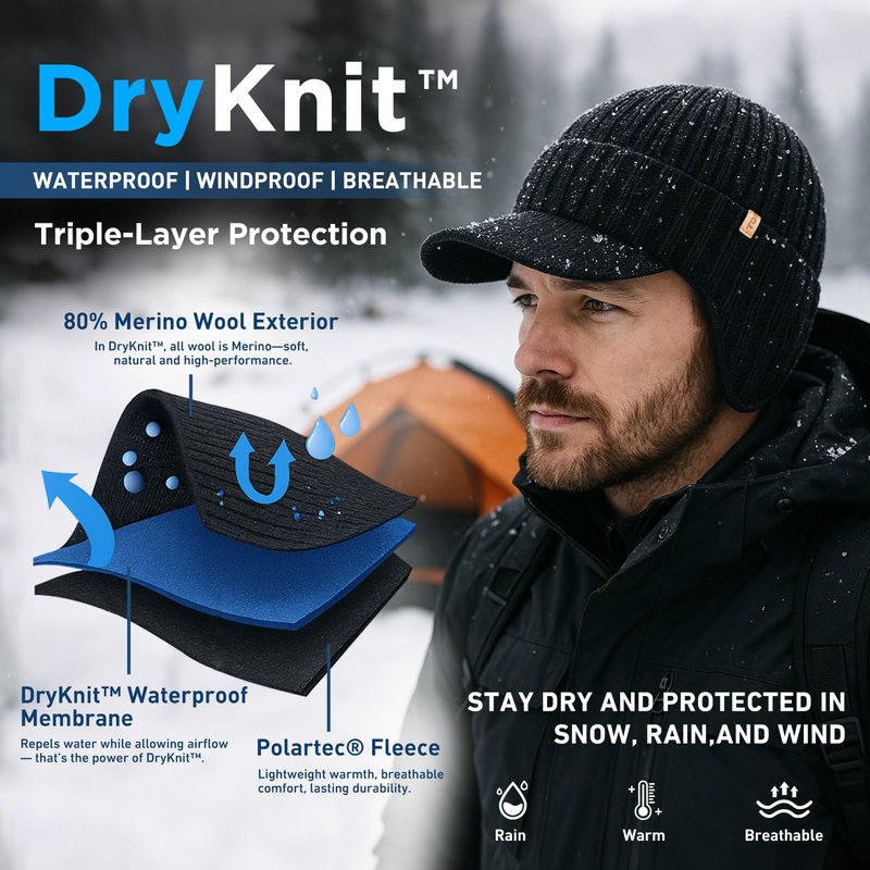TOP-EX DryKnit™ Merino Wool Waterproof Hat with Brim and Ear Flaps Fleece Lined Beanie with Bill for Men Cold Weather Ski Outdoor Hunting for Big Head Black XL/XXL