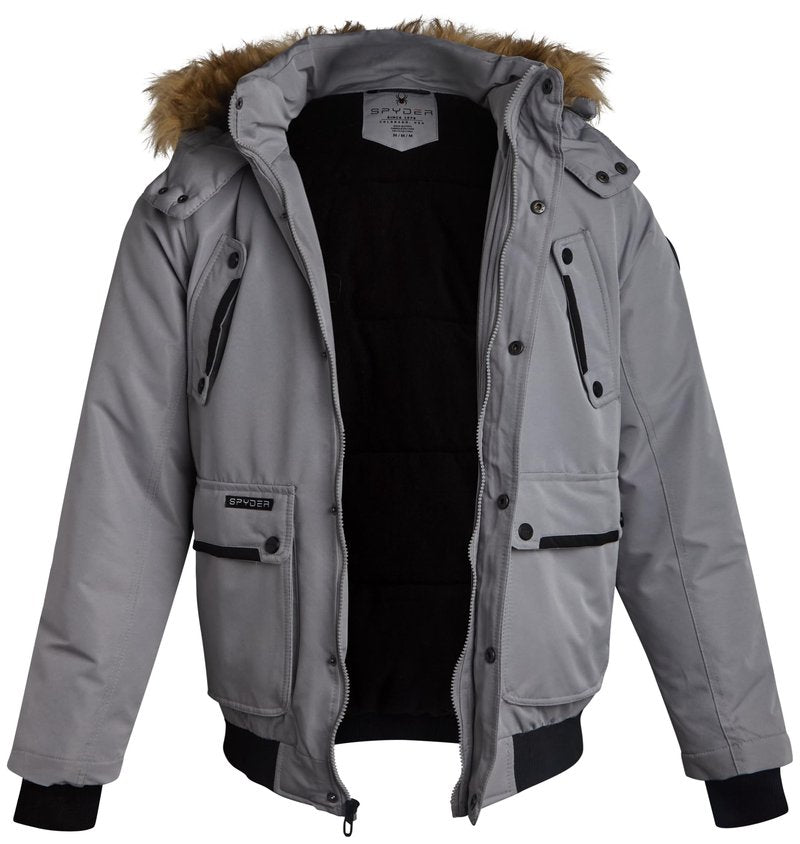 Spyder Mens Puffer Jacket - Heavyweight Wind and Water Resistant Parka Coat Insulated Winter Jacket for Men w/Faux Fur Hood, Size Large, Pewter