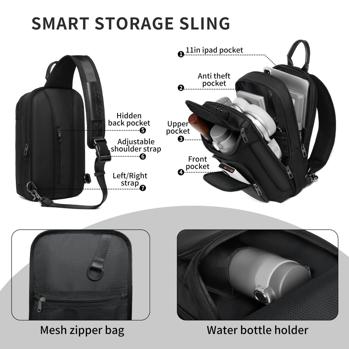 UMydeal Sling Bag for Men, Anti Theft Sling Backpack, Mens Crossbody Bag, Shoulder Chest Bag for Travel, Casual (Grey, Large)