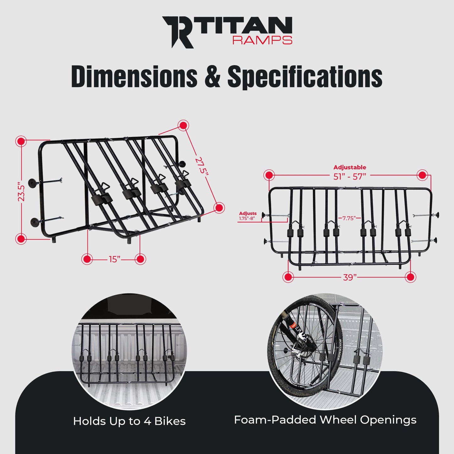 Titan Ramps Truck Bed Adjustable Steel Bike Rack for Up to 4 Bikes - Fits Most Makes/Models