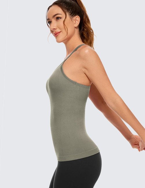 CRZ YOGA Seamless Ribbed Racerback Tank Top with Built-In Bra - Padded Scoop Neck Athletic Camisole
