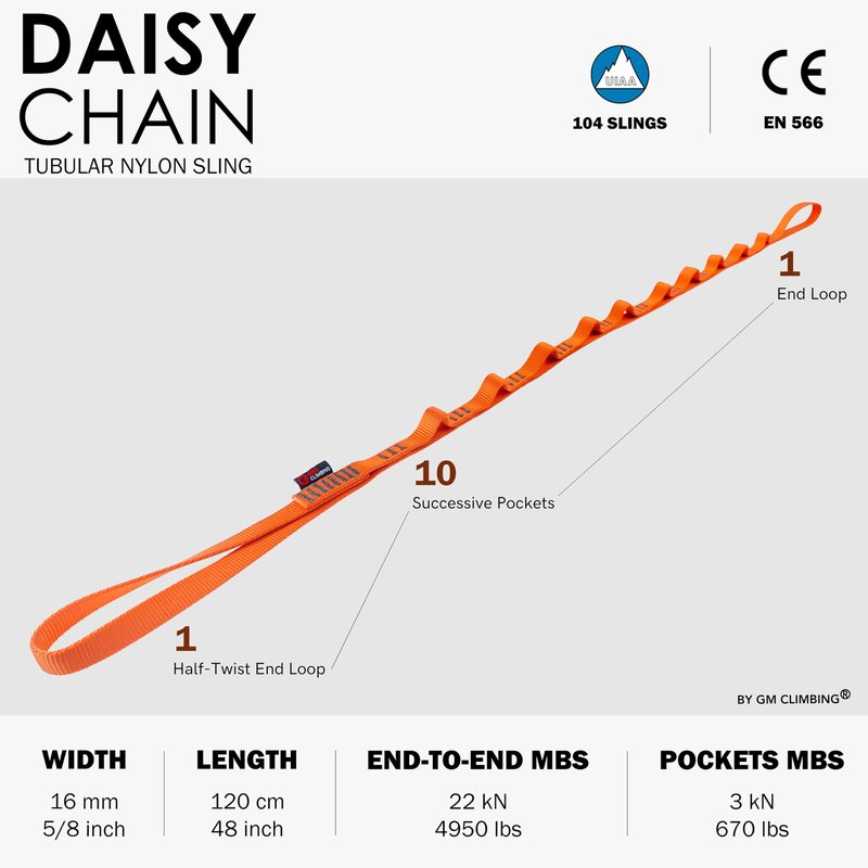 GM CLIMBING Orange 16mm Nylon Daisy Chain Sling 22kN 120cm / 48in CE UIAA Certified for Leading Aid Climb Ascender Rigging Hammock Suspension One Unit