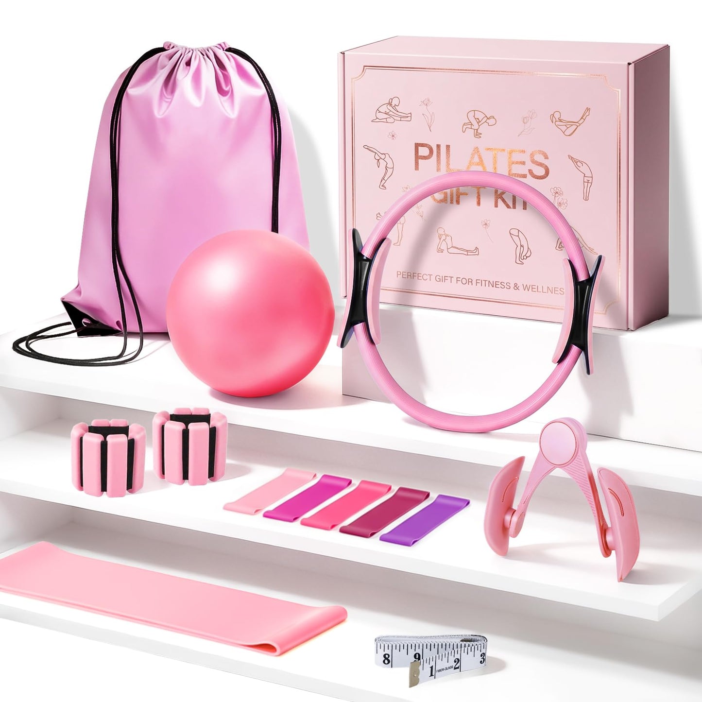 All-in-One Home Workout Kit for Women–Pilates Kit with Ankle Weights, Magic Circle 12 inch, Resistance Bands, Mini Pilates Ball, Carry Bag – Beginner Pilates Gift Set for Mother's Day, Birthday