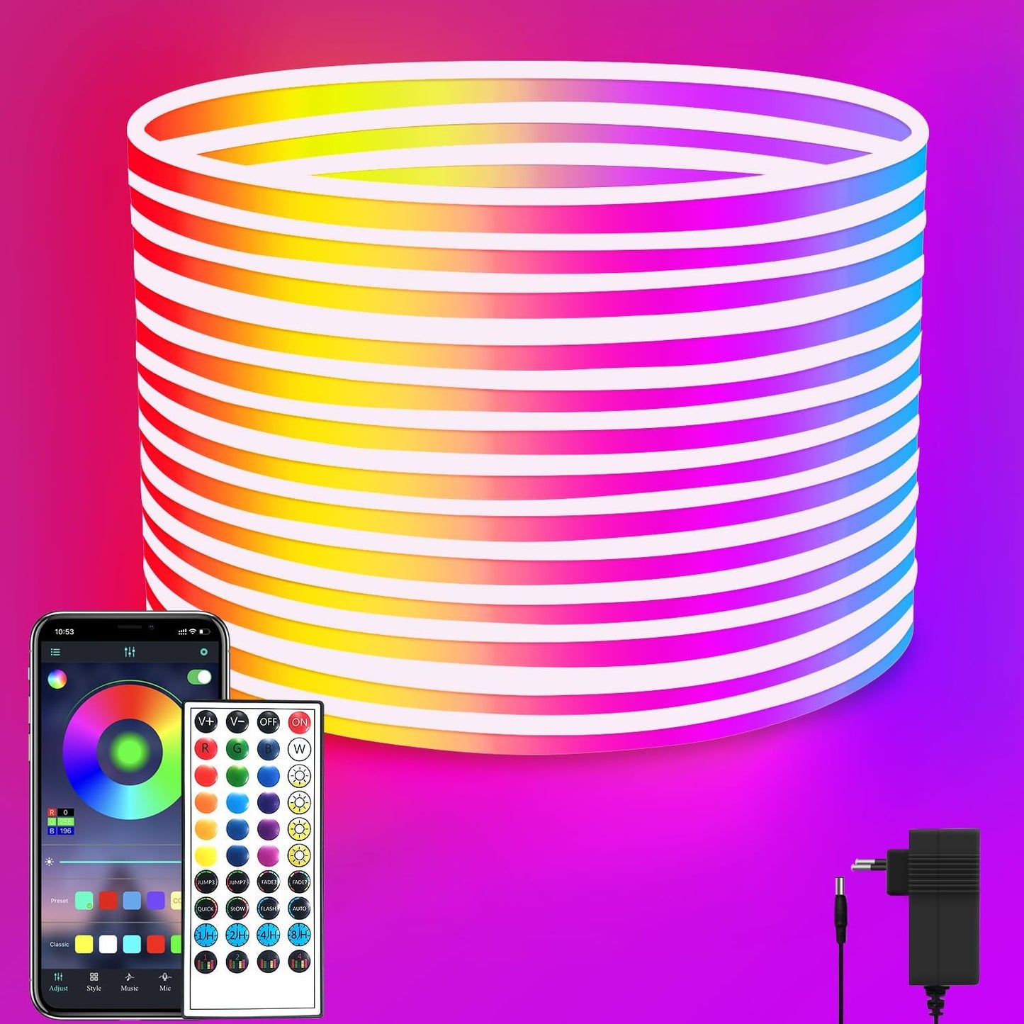 50ft RGB LED Neon Rope Lights with Remote & APP Control - Waterproof Flexible Strip for Bedroom & Outdoor Décor