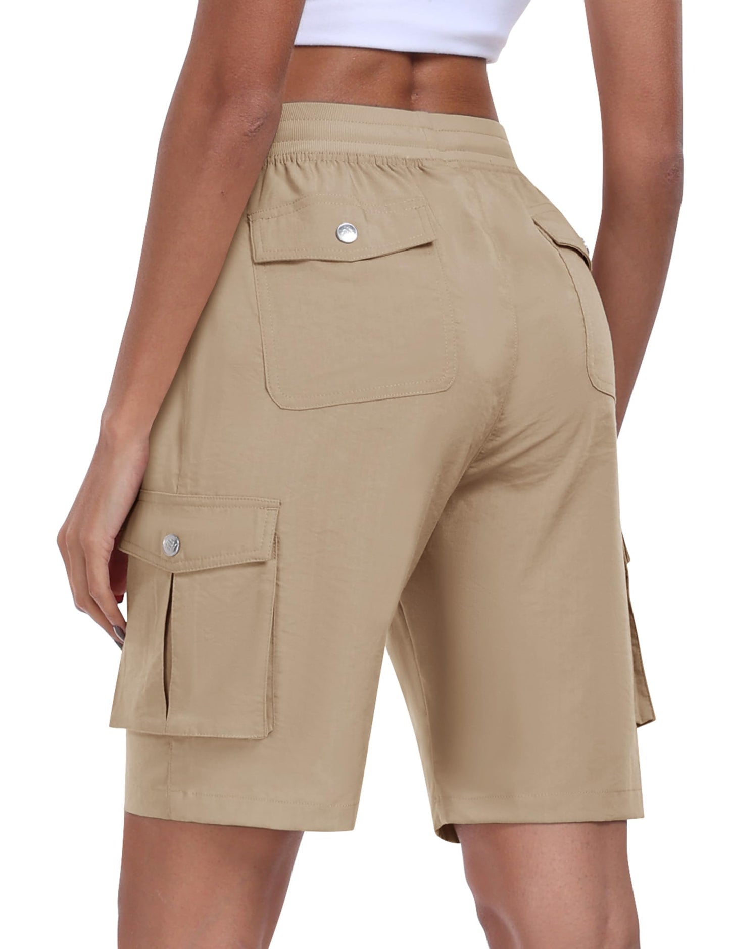MoFiz Women's Hiking Long Shorts 10" Quick Dry Summer Cargo Shorts for Women Lightweight Knee Length Athletic Shorts with Pockets Khaki M