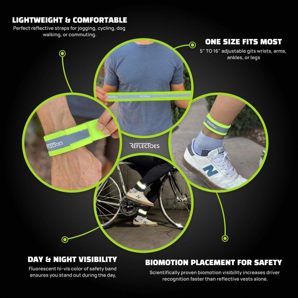 ReflecToes Reflective Safety Bands (Pack of 2), Adjustable 5-16 in for Wrist, Arm, Ankle or Leg - Fluorescent Day Visibility + 360° Retroreflective Night Safety for Running, Walking, Cycling
