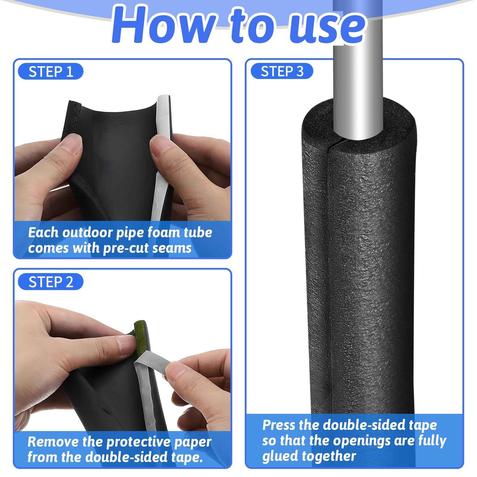 8 Pack Pipe Insulation Foam Tube, 3/4'' Self Adhesive Pre Slit Foam Pipe Covers Polyethylene with Double Sided Tape for Spigot, Winter Outside Pipes, Water Heater Pipes Freeze Protection