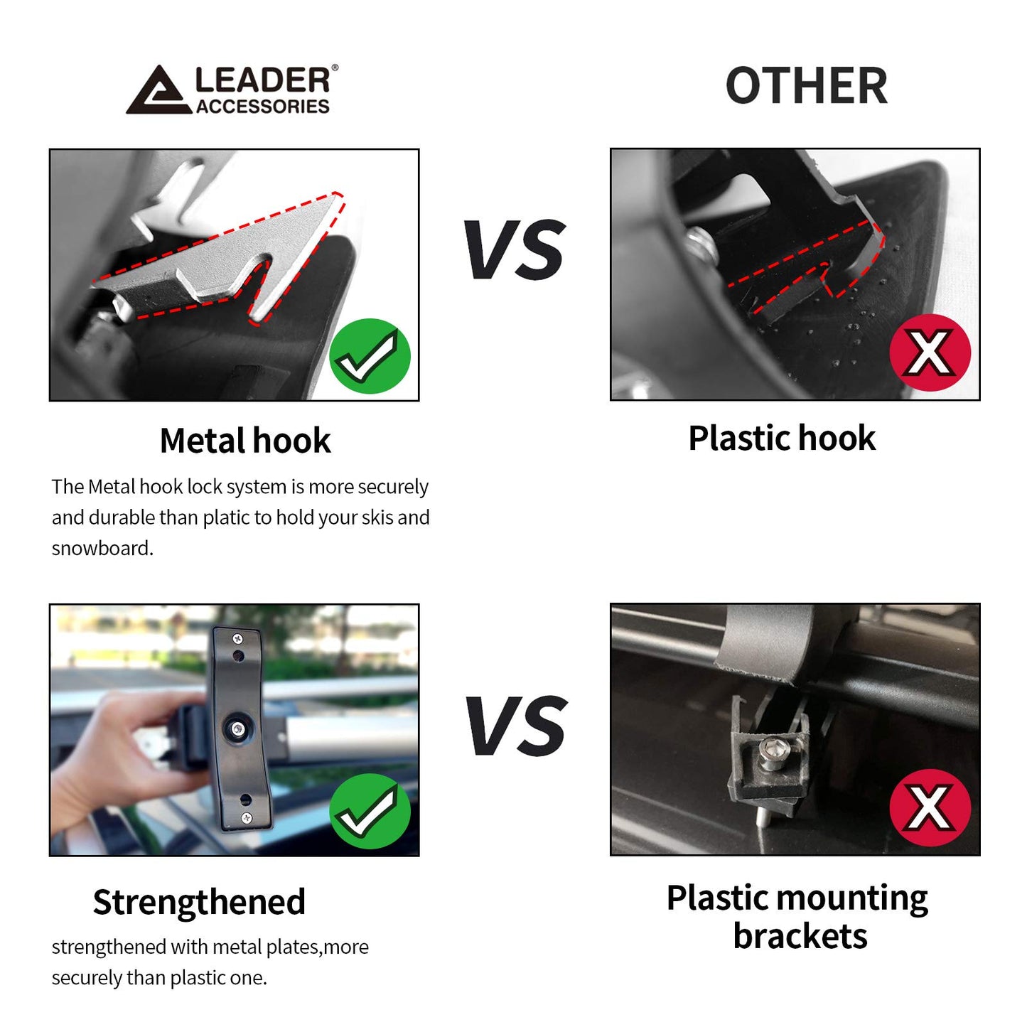 Leader Accessories Car Ski Snowboard Roof Racks, Fits Up to 6 Pairs of Skis or 4 Snowboards, 2 PCS Universal Ski Roof Rack Carriers Snowboard Top Holder, Lockable Fit Most Vehicles Equipped Cross Bars