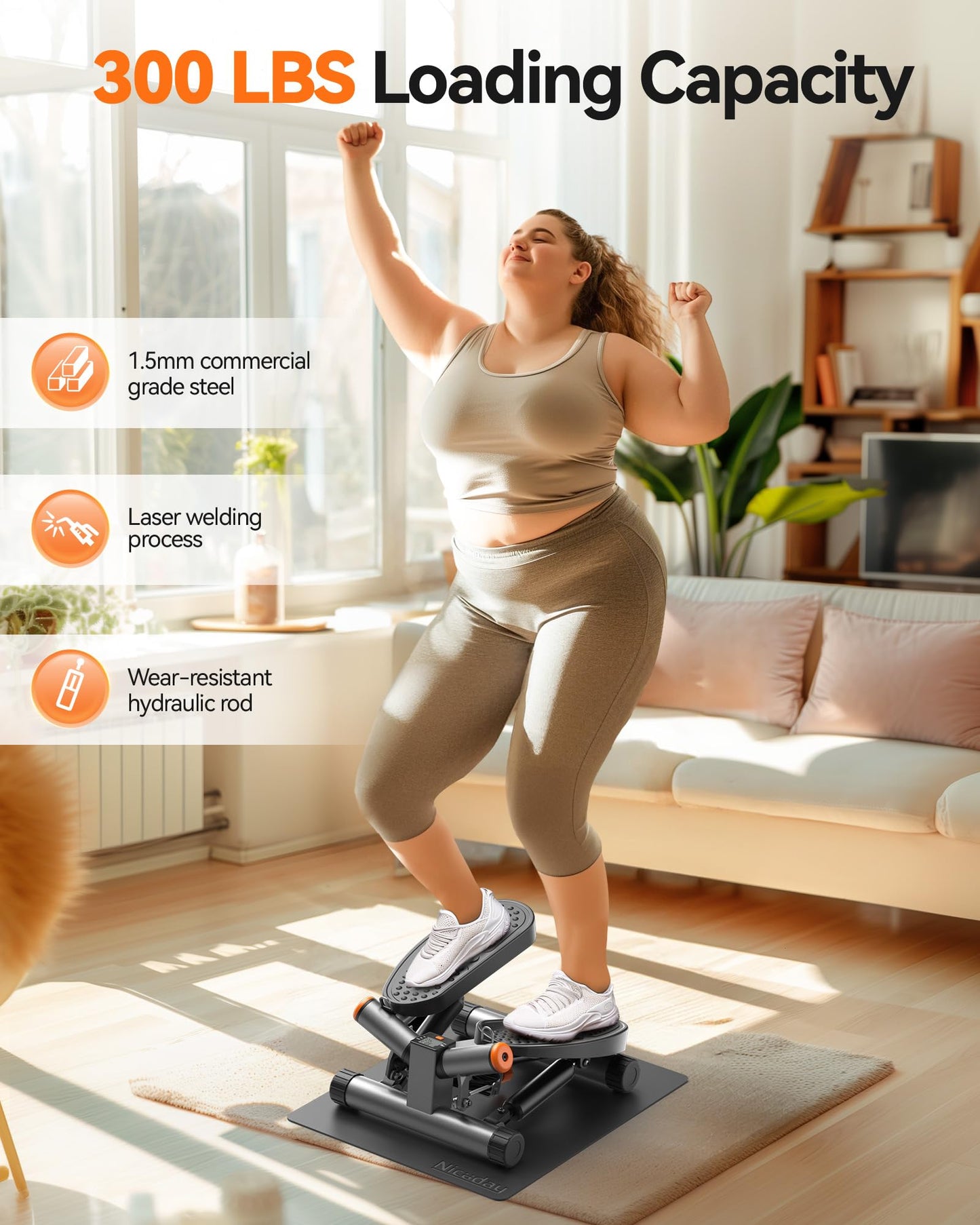 Niceday Twist Stepper for Exercise at Home, Mini Stair Stepper with Resistance Bands at Home Workout Equipment with 300LBS Loading Capacity, Hydraulic Fitness Stepper with LCD Monitor Gray with Mat