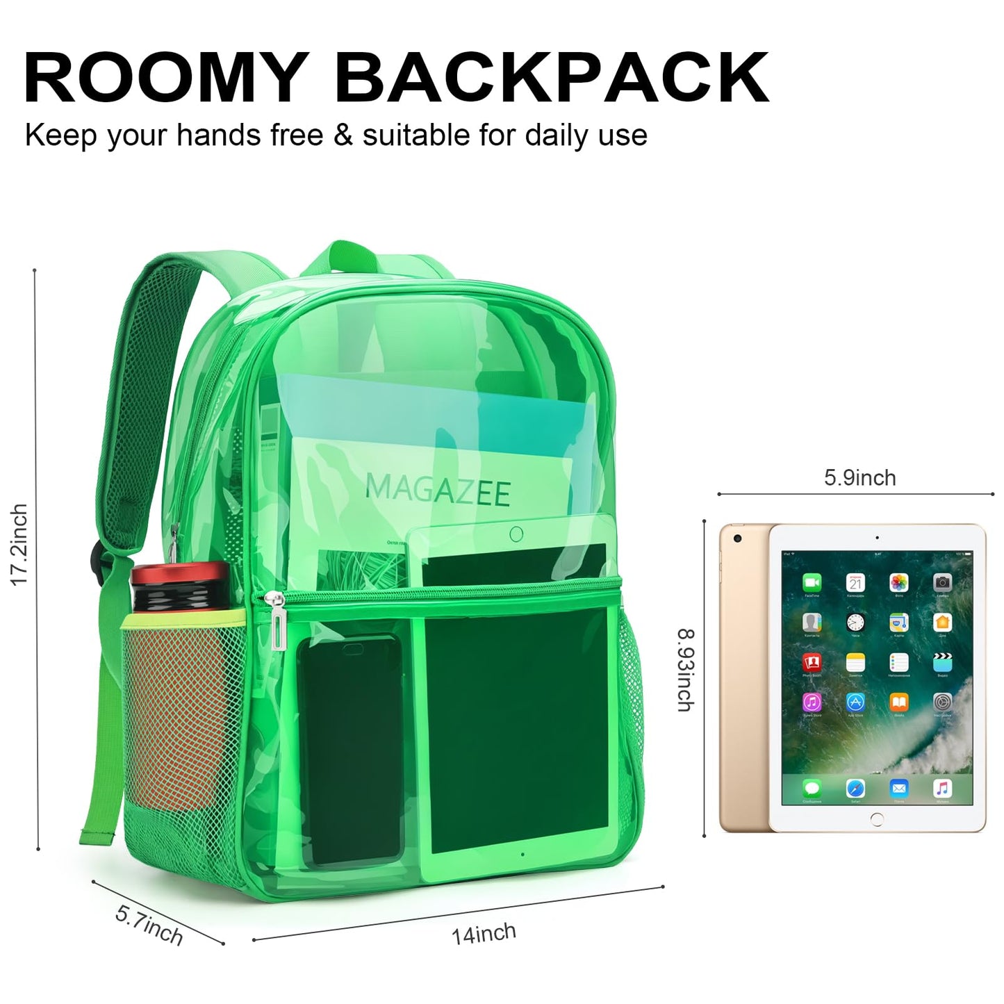 Neurora Clear Backpack Heavy Duty TPU Transparent Backpack for Sports,Work,Security Travel.(Green)