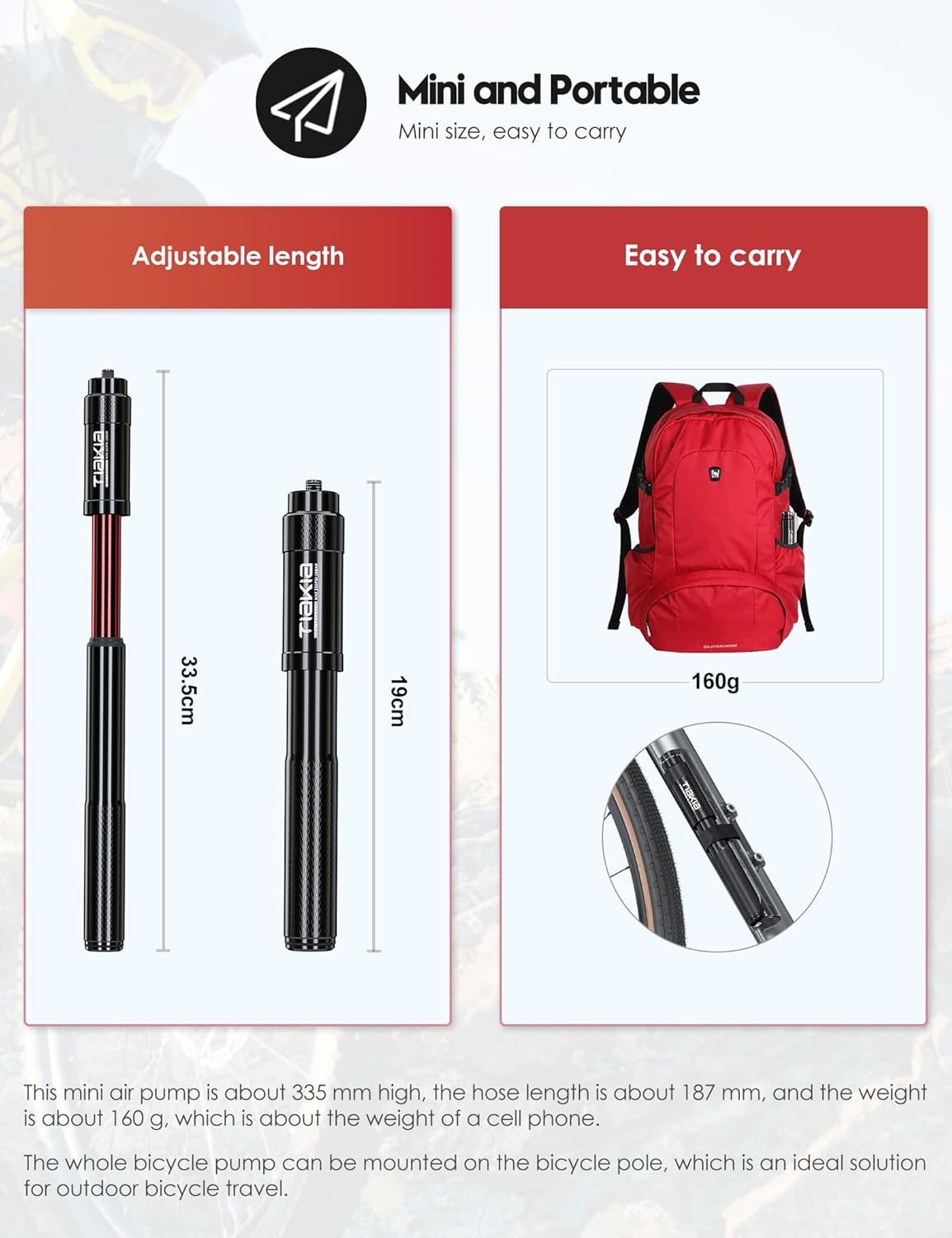 Tiakia Mini Bike Pump - Portable 260PSI High Pressure Frame Pump for Presta & Schrader Valves | Aluminum Alloy Tire Pump for Road & Mountain Bikes