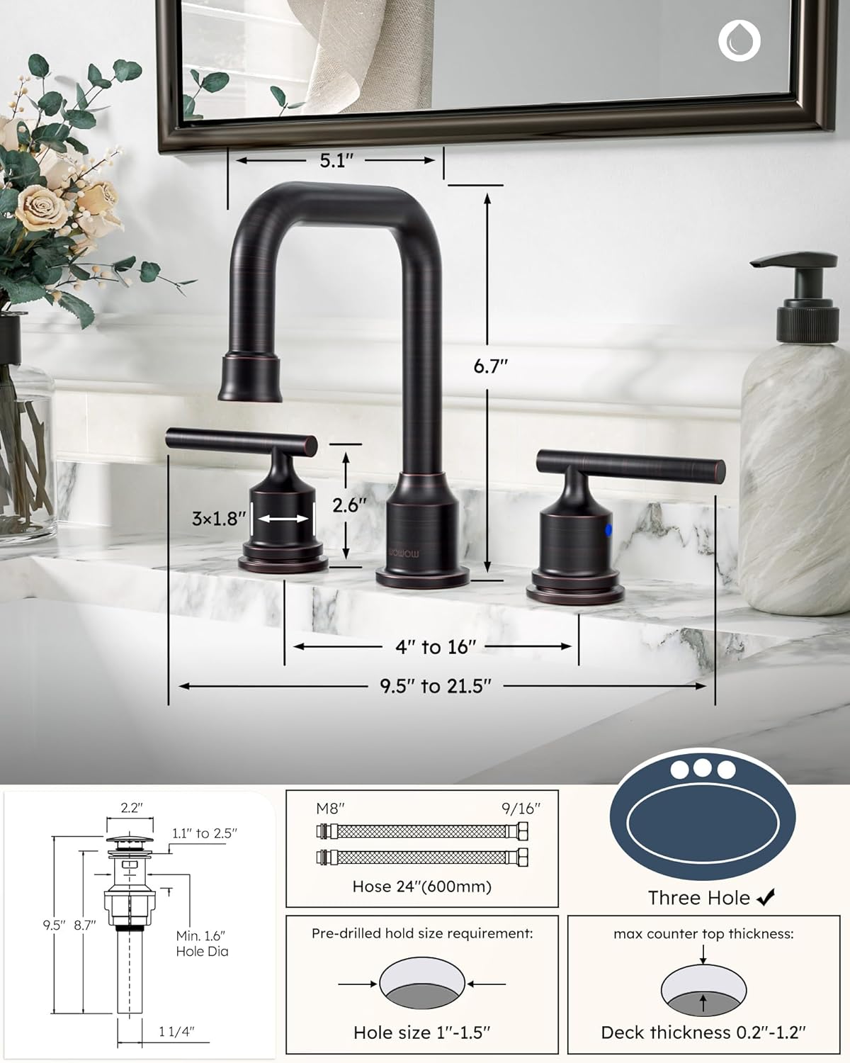 Brushed Nickel 8-Inch Widespread Bathroom Faucet with 360° Swivel Spout - Modern 2 Handle Lavatory Sink Fixture