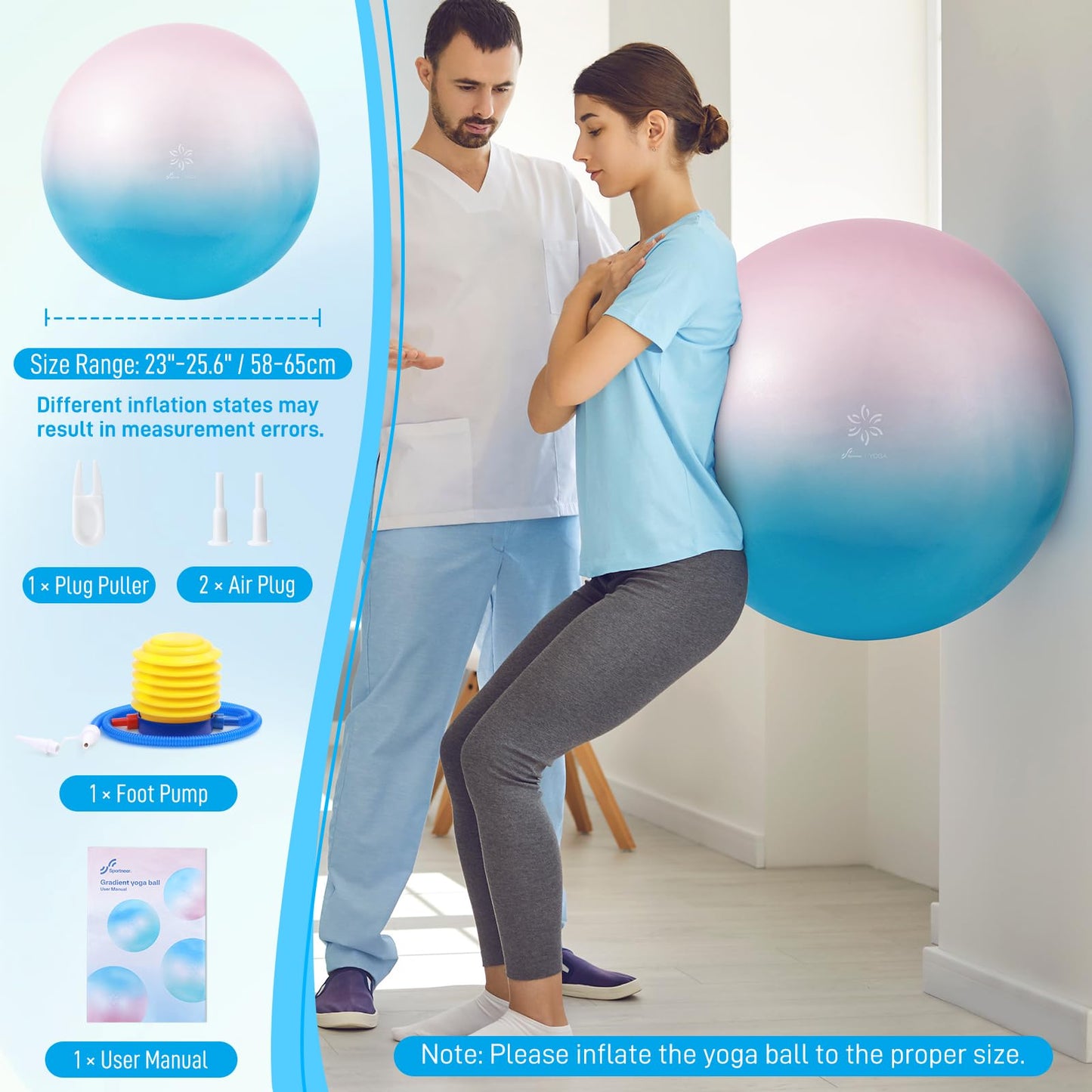 Sportneer Extra Thick Exercise Ball - 25.6''Yoga Ball with Quick Pump - Anti-Burst and Slip Resistant Fitness Ball Chair for Pregnancy and Physical Therapy (Pink Blue)