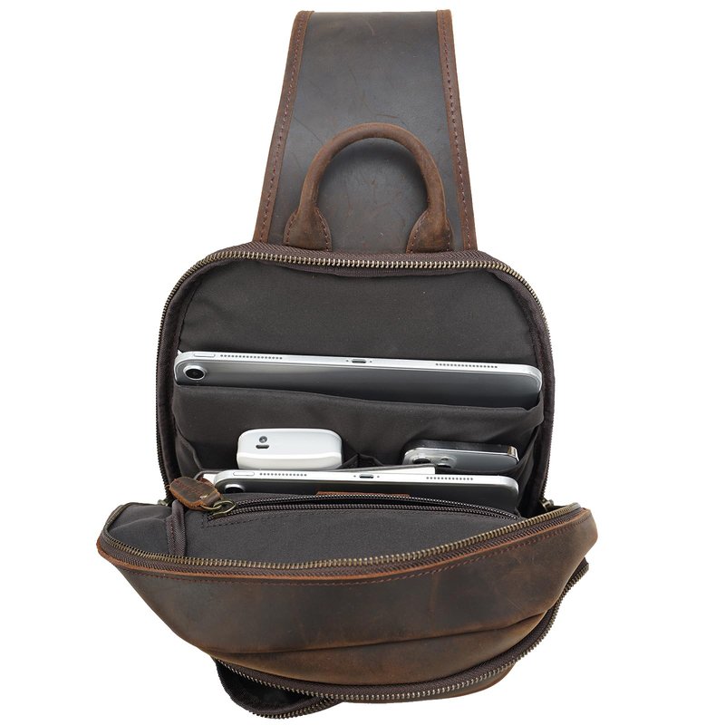 TIDING Full Grain Leather Sling Bag for Men, Vintage Crossbody Bag Outdoor Casual Chest Daypack fits 12.9" Tablet