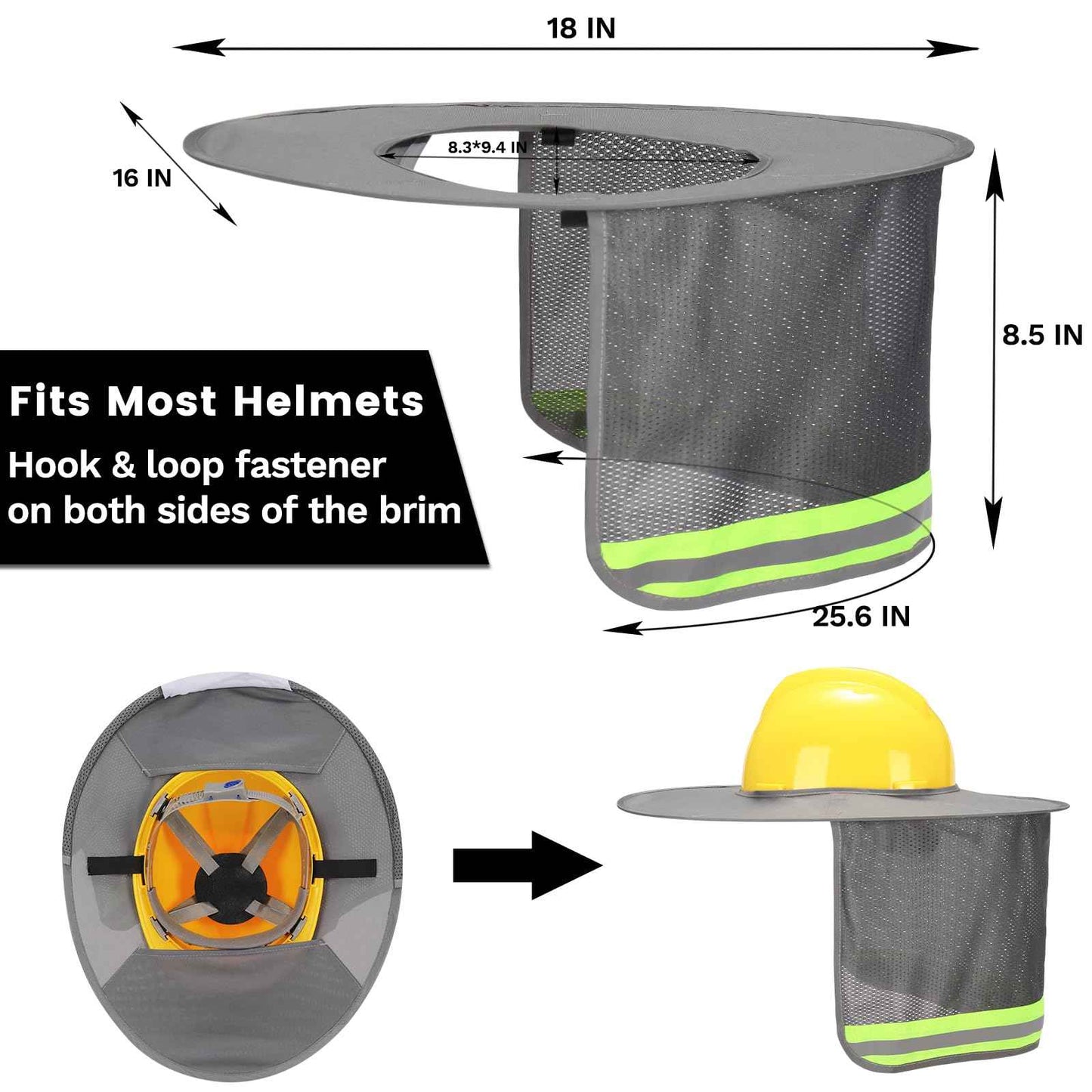 Ultrafun 4 Pcs Hard Hat Sun Shade Full Brim Mesh Balaclava Neck Sun Protection with Reflective Strip(Not Include Hard Hat) (US, Alpha, One Size, 2 Pack-Grey)