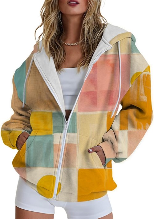 Domirica Women's Zip-Up Hoodie - Long Sleeve Sweatshirt with Pockets & Retro Graphic Design