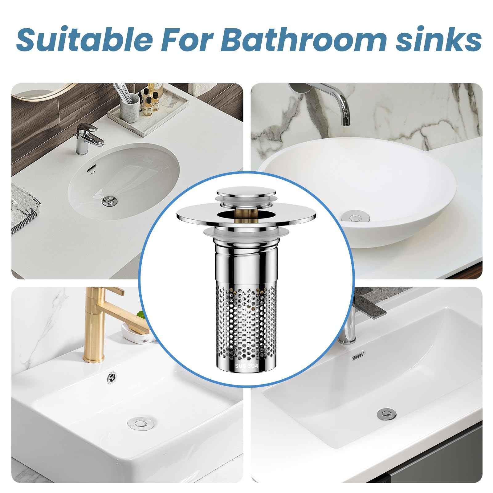 Bathroom Sink Stopper 1.1"-1.45", Universal Bathroom Sink Drain Pop Up Stopper for US Bathroom Sink Stainless Steel Floor Drain Filter, U.S. Standard Universal Drain Filter