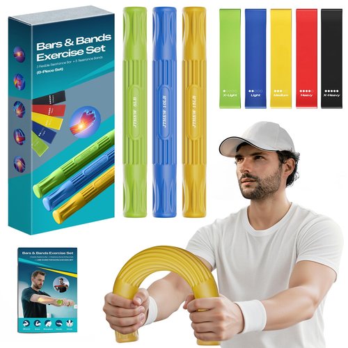 Flex Therapy Bar - Tennis & Golfers Elbow Therapy Bar, Relieve Tendonitis Pain & Improve Grip Strength, Twist Bar for Physical Therapy, Fitness Resistance Bar Equipped with 3 PCS Bar & 5 PCS Bands