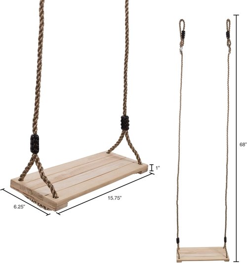 Hey! Play! Wooden Swing - Adjustable Nylon Rope for Kids Playset or Tree | Brown, 80-SA-062
