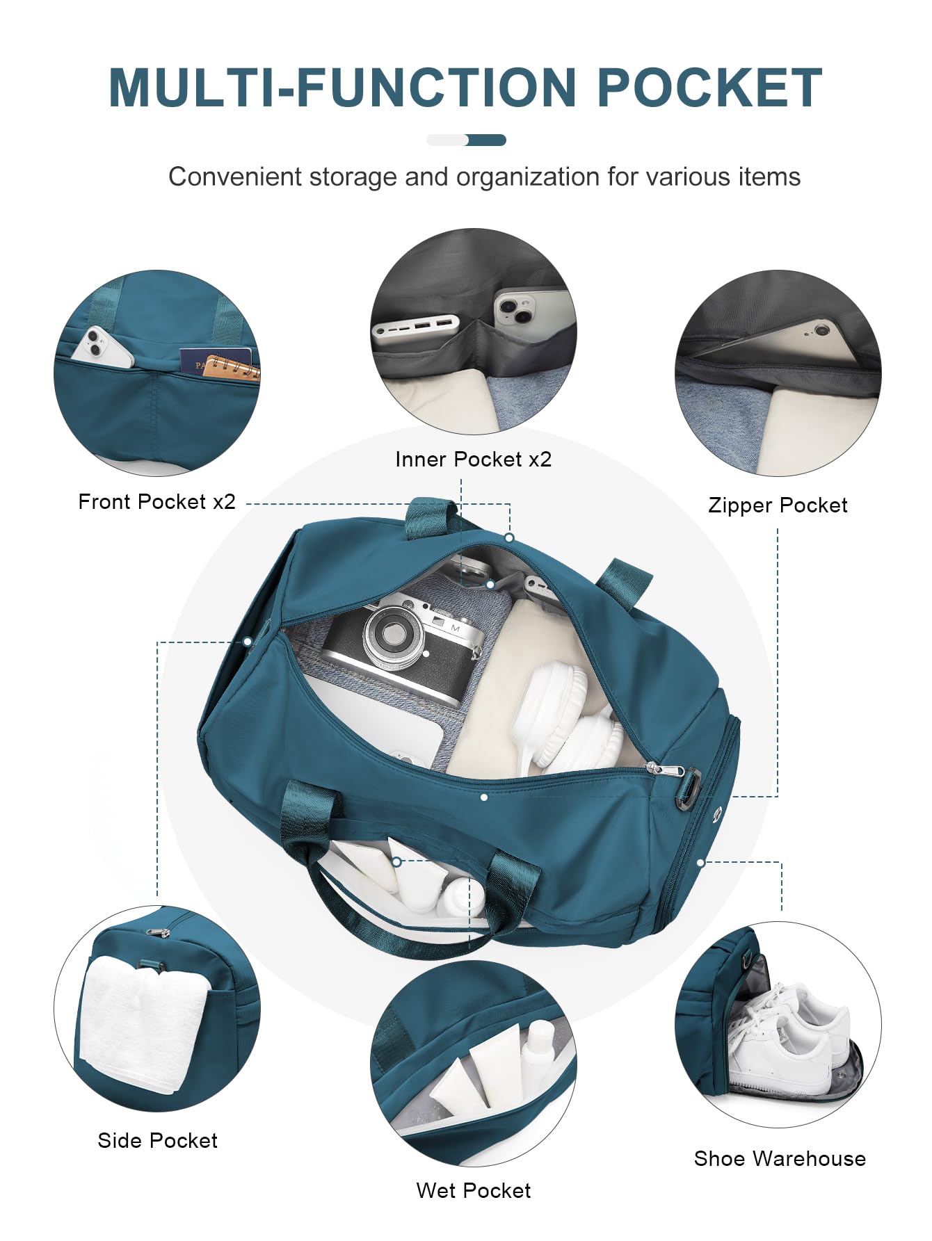 Gym Bag for Women Men with Shoe Compartment, Sport Duffel Bag, Waterproof Travel Weekender Overnight Carry on Bag for Yoga with Trolley Sleeve, Peacock Blue