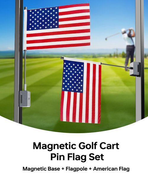 Magnetic Golf Cart Flag, Aluminum Alloy Base, 9 x 6" American Golf Flag with Dual Mounting Positions, Stable Installation Golf Pin Flag for Golf Carts, Golf Gifts