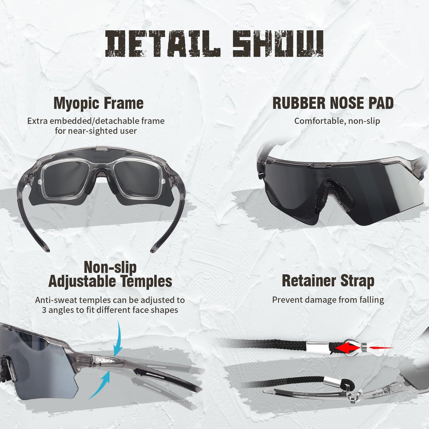 OUWOR Polarized Cycling Glasses for Men Women Youth, UV400 Mountain Bike Sunglasses for Bicycle Mtb Running Fishing Baseball Hiking (Translucent & Gray)