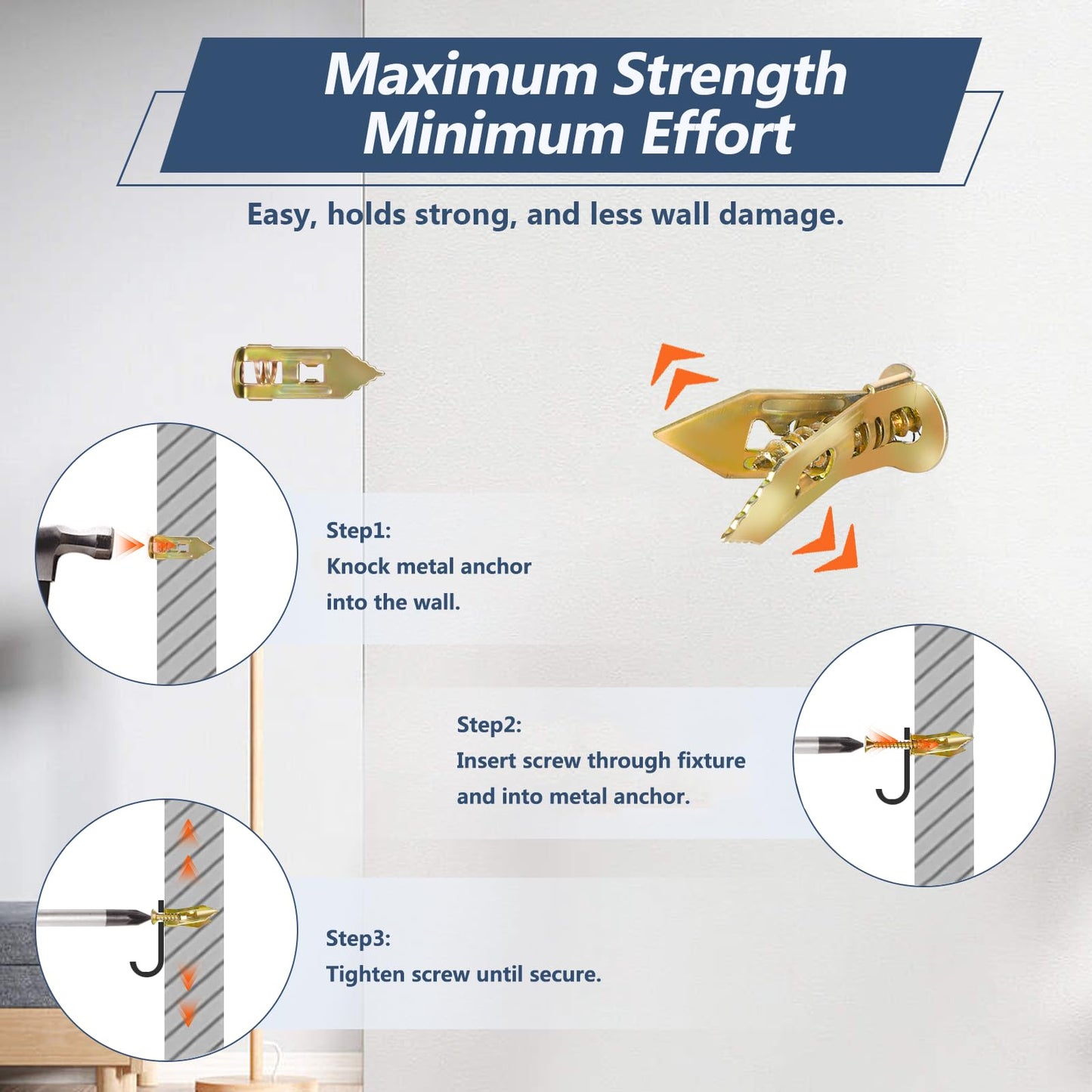 200PCS Self Drilling Drywall Anchors with Screws Kit, Multifunctional Drywall Anchor with Sheetrock Screws - Easy Installation Metal Expansion Bolts, No Drill Needed, Hold 70LB for Wall Hanging