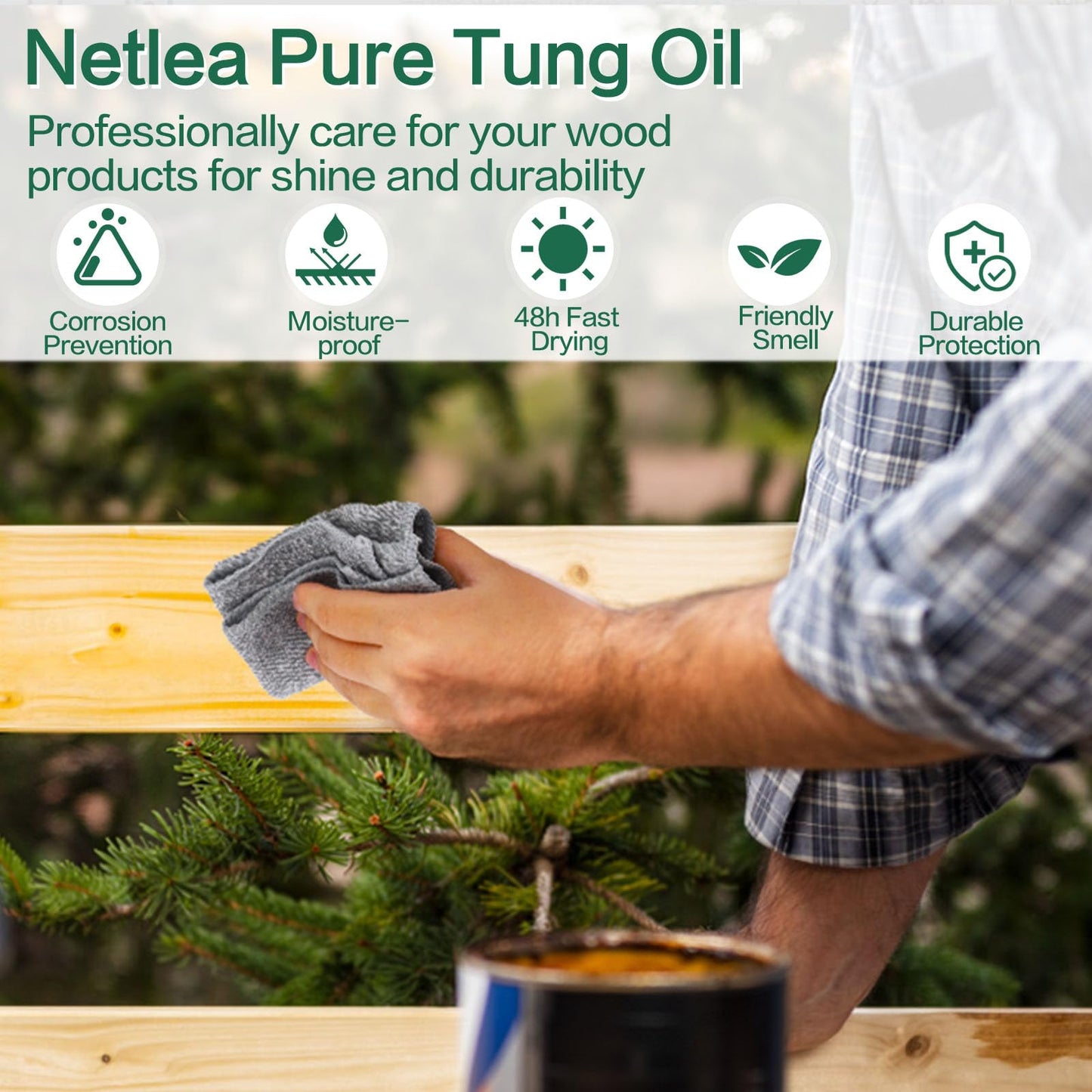 NetLea 100% Pure Tung Oil for Wood Finish,Food Safe for Furniture,Countertop,Cutting Board,Indoor & Outdoor Furniture,Wood Floor