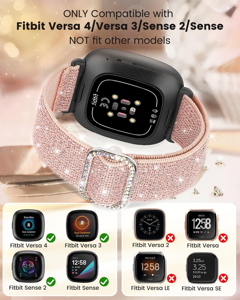 Stretchy Nylon Bands Compatible with Fitbit Versa 3/4 and Sense/Sense 2 Watch Bands, Adjustable Stretchy Bling Wristbands for Women (Pink+Mintgreen+Silverwhite)
