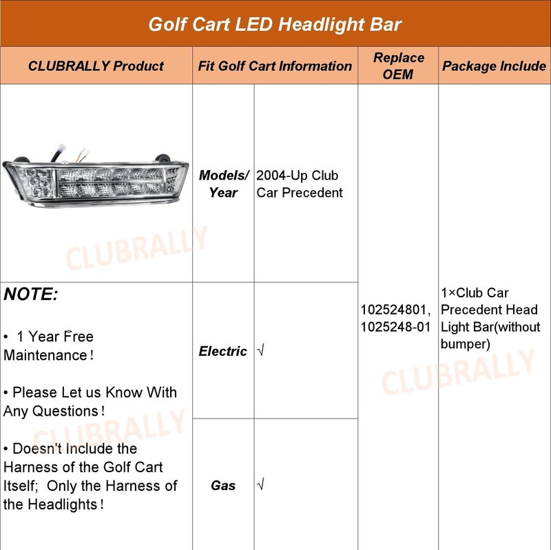 CLUBRALLY Club Car Precedent LED Headlight Bar,Replacement or Upgrade for 2004-Up 12V Electric Golf Carts,OEM #102524801