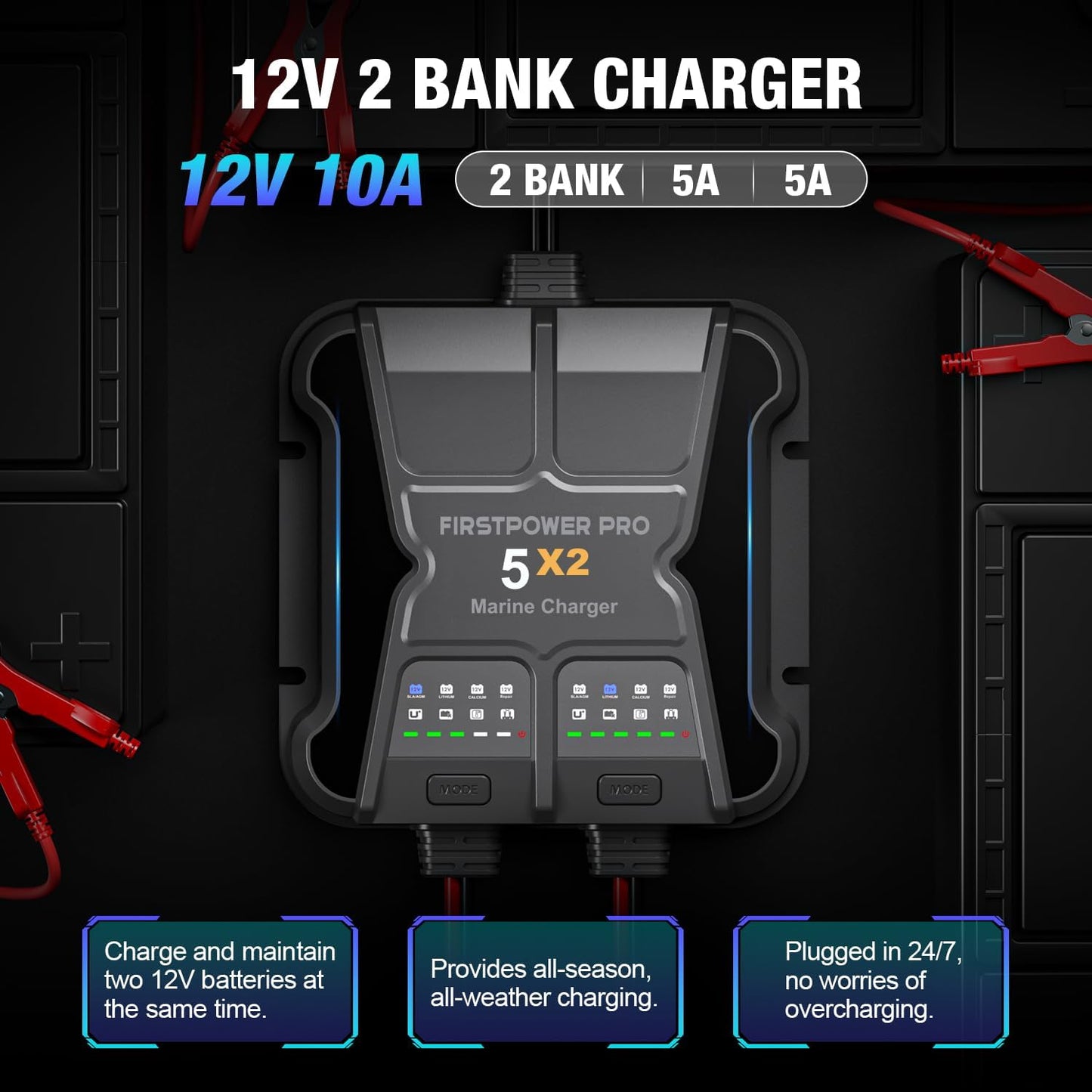 2 Bank Marine Battery Charger - 10A Waterproof Onboard Maintainer for SLA/AGM & Lithium Batteries