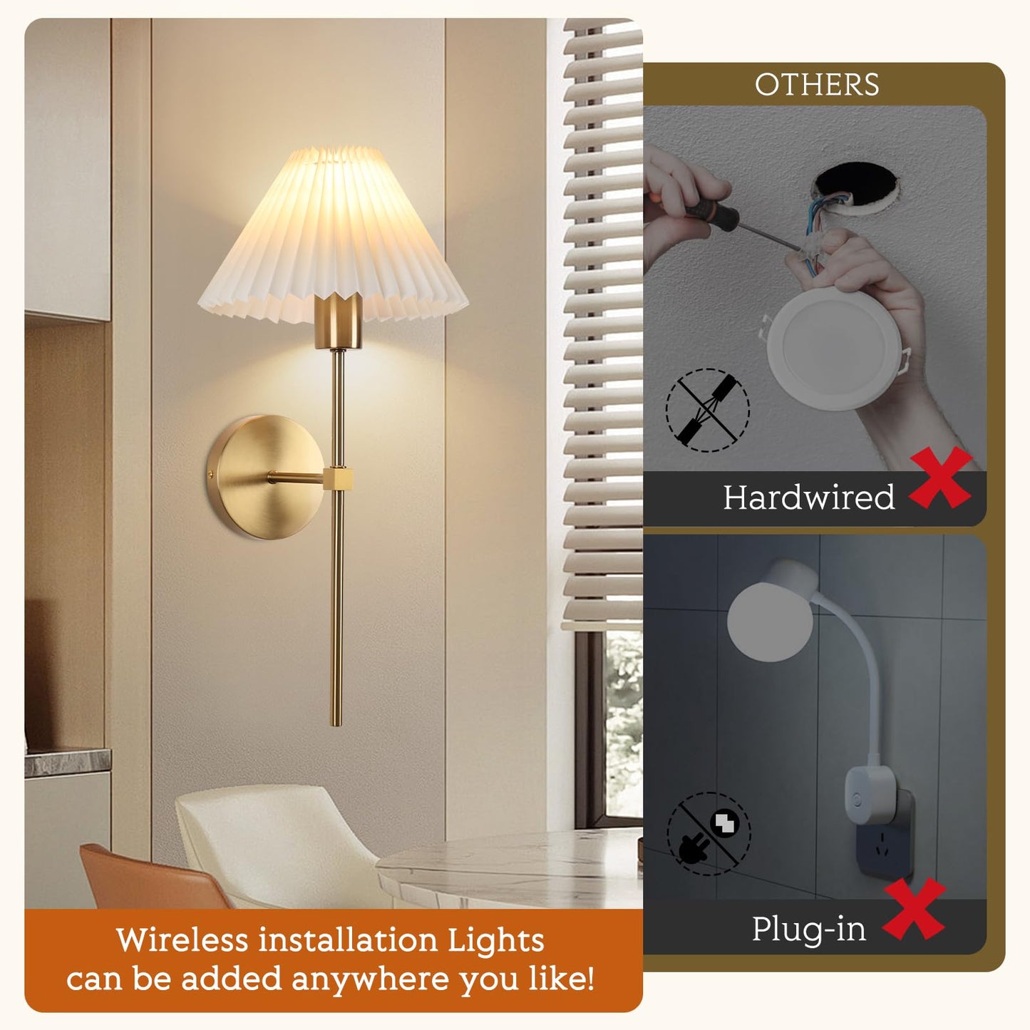 Wireless Wall Sconce Sets of 2, Pleated Shades Rechargeable Battery Operated Wall Sconce, Retro Industrial Gold Wall Lights Bathroom Vanity Sconces, Wall Mounted Lamps for Bedroom Living Room Kitchen