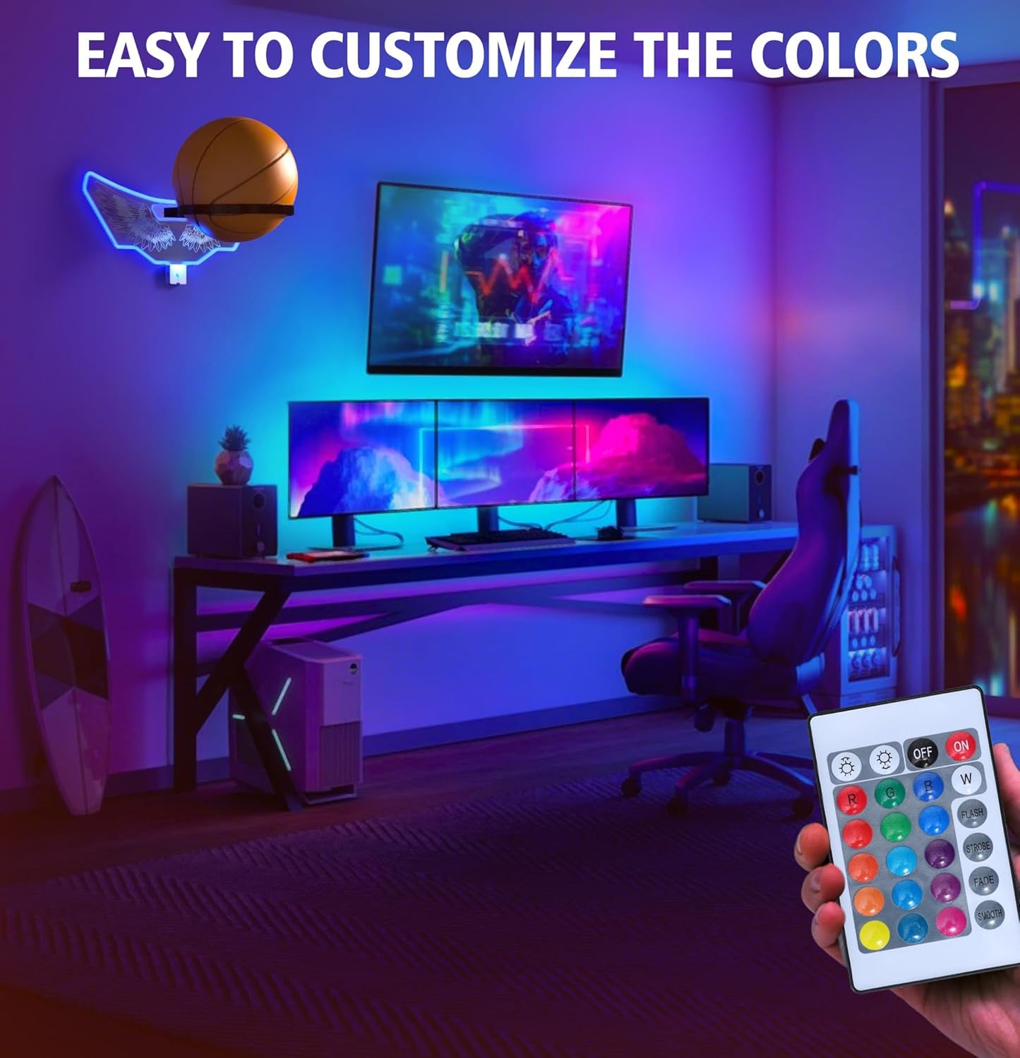Skiennix Wall Mount Basketball Holder - LED Night Light & Remote Control Display Rack for Kids' Gifts