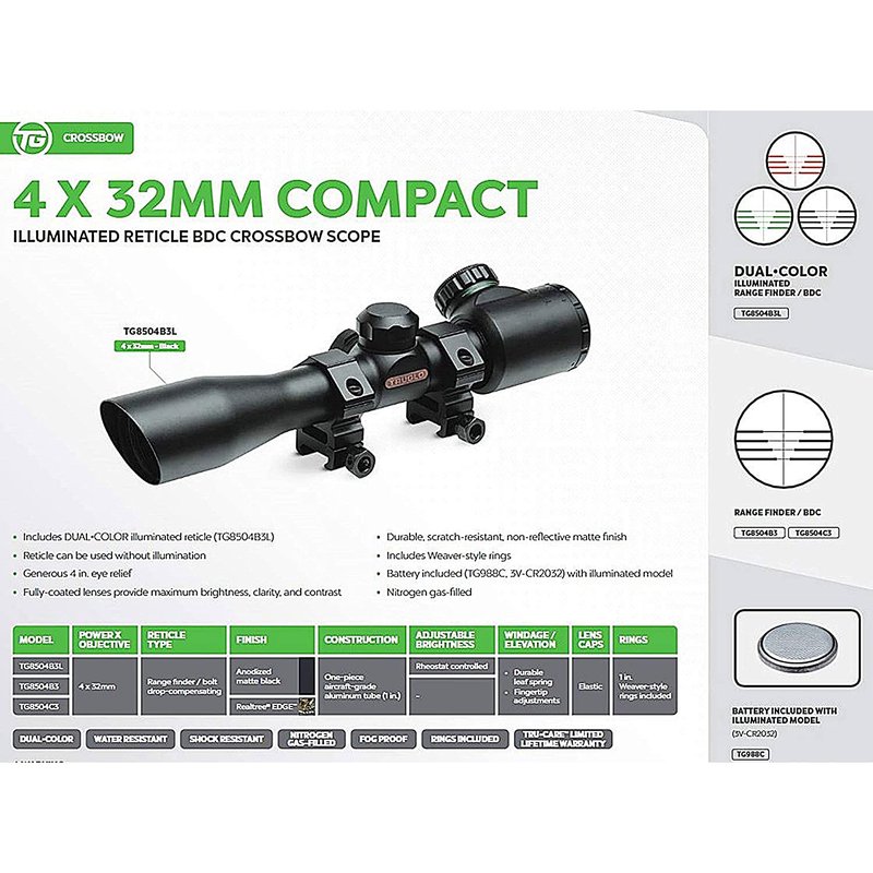 TRUGLO 4x32mm Compact Crossbow Scope with Scope Rings Included| BDC/Rangefinder, Black