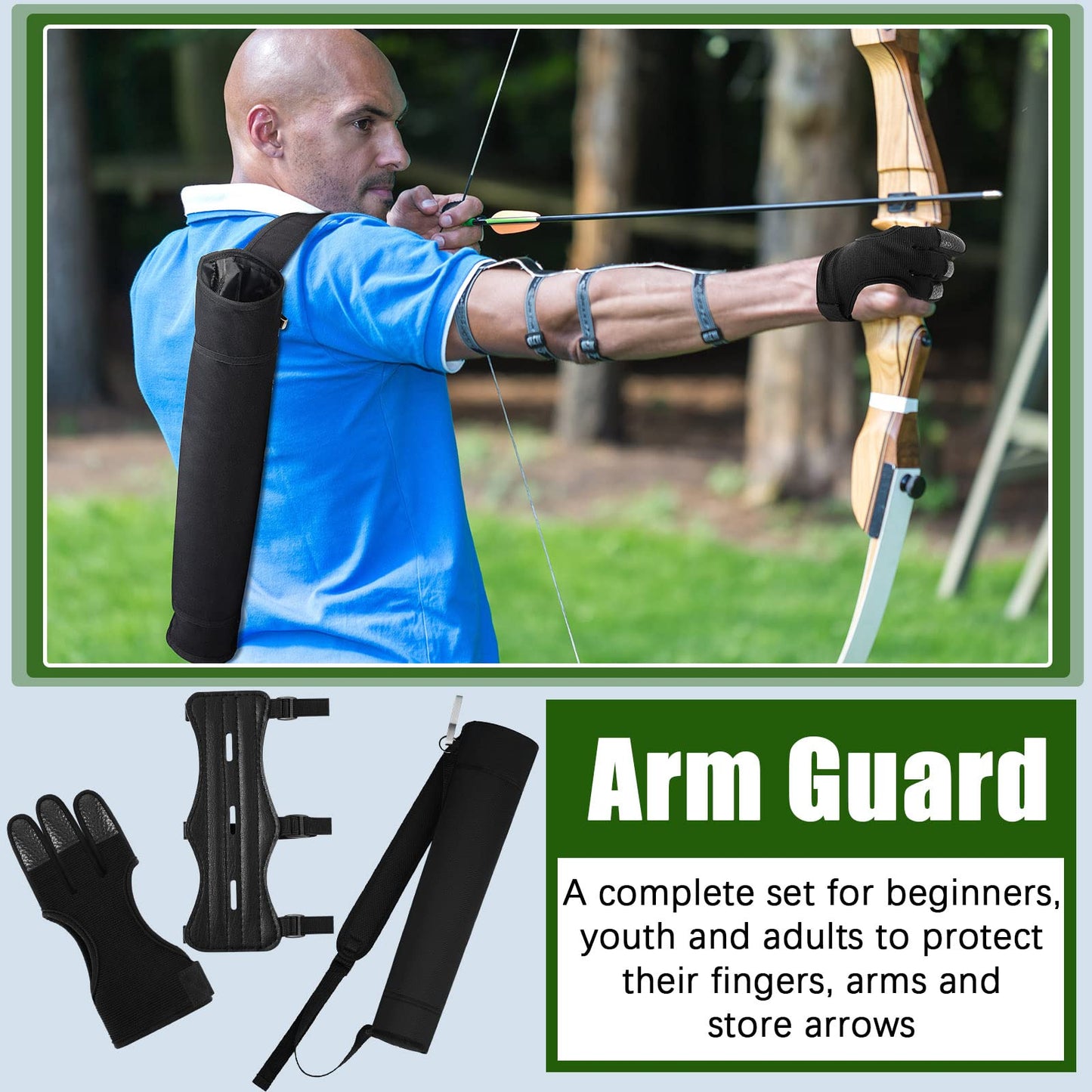 3 Pcs Archery Accessories Including Protective Archery Arm Guard Leather Padded Three Finger Hunting Gloves Back Arrow Quiver Hip Arrows Bag for Men Women Youth Adults Beginners Hunting Shooting