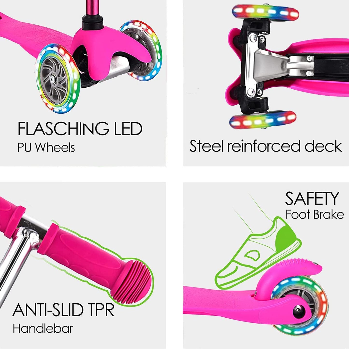 3-Wheel Kick Scooter for Kids Ages 3-8 Lean-to-Steer Toddler Scooter with Extra Wide Light Up Wheels, 4 Adjustable Heights, Foldable Scooters for Boys & Girls, Max Weight 110lbs (Pink)