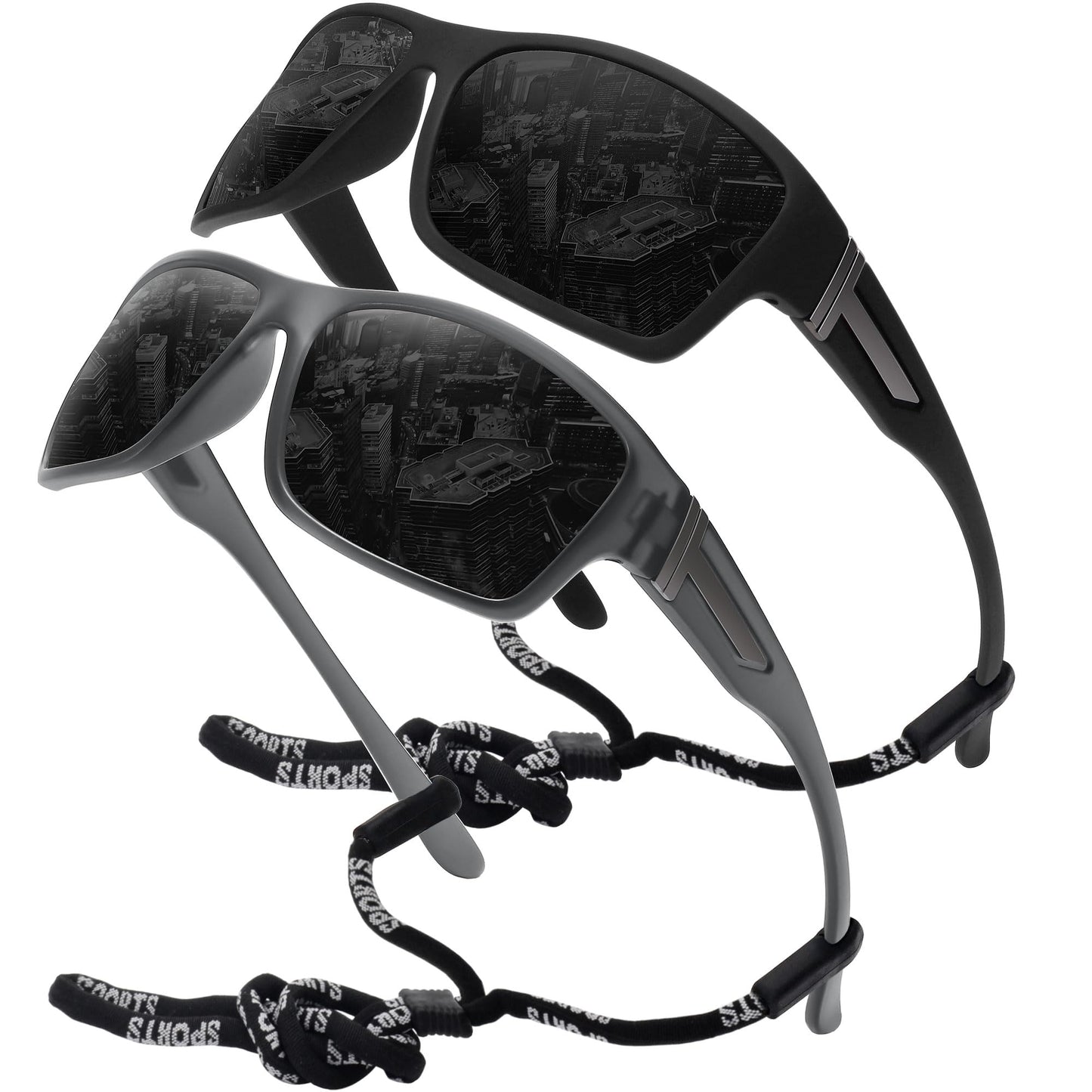 STORYCOAST Polarized Sports Sunglasses for Men Women Unbreakable Frame Cycling Fishing Driving 2Pack Black+Clear Gray Frame/Gray Lens