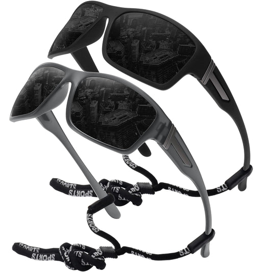 STORYCOAST Polarized Sports Sunglasses for Men Women Unbreakable Frame Cycling Fishing Driving 2Pack Black+Clear Gray Frame/Gray Lens
