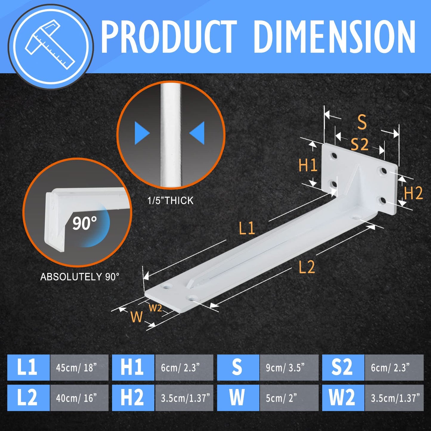 CLT Shelf Bracket( White) , 18” Quarter Inch (1/5") Thick- Max Load: 550 lb Rustic Industrial Modern Farmhouse Heavy Duty Corner Brace Joint Right Angle Bracket for DIY Table Bench, Pack of 6