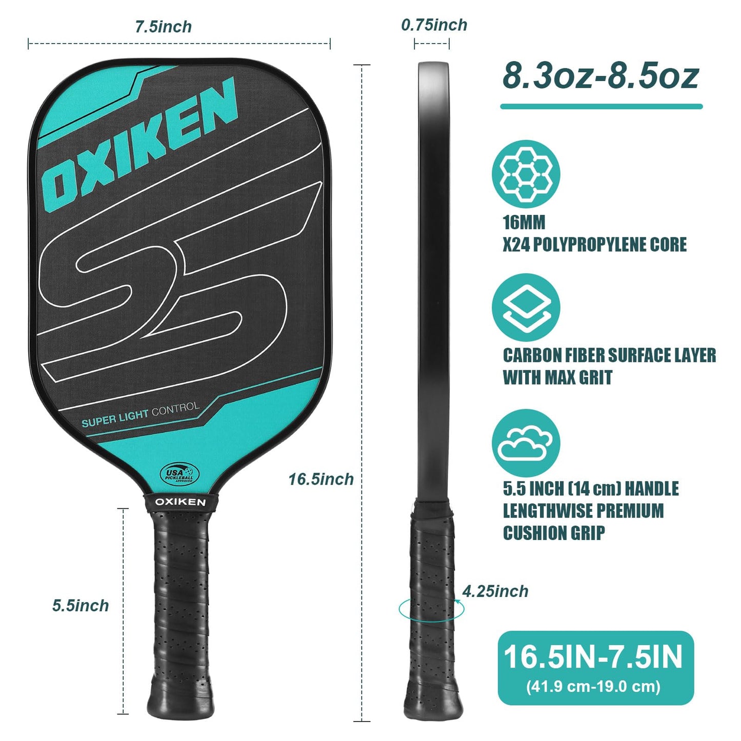 OXIKEN 16 mm Pickleball Paddles USAPA Approved T700 Carbon Fiber Surface (CFS) 8.3oz Pickle Paddle, Thermoformed High Grit & Spin, 5.5” Elongated Handle, Anti Slip Sweat Absorbing Grip with Cover Case