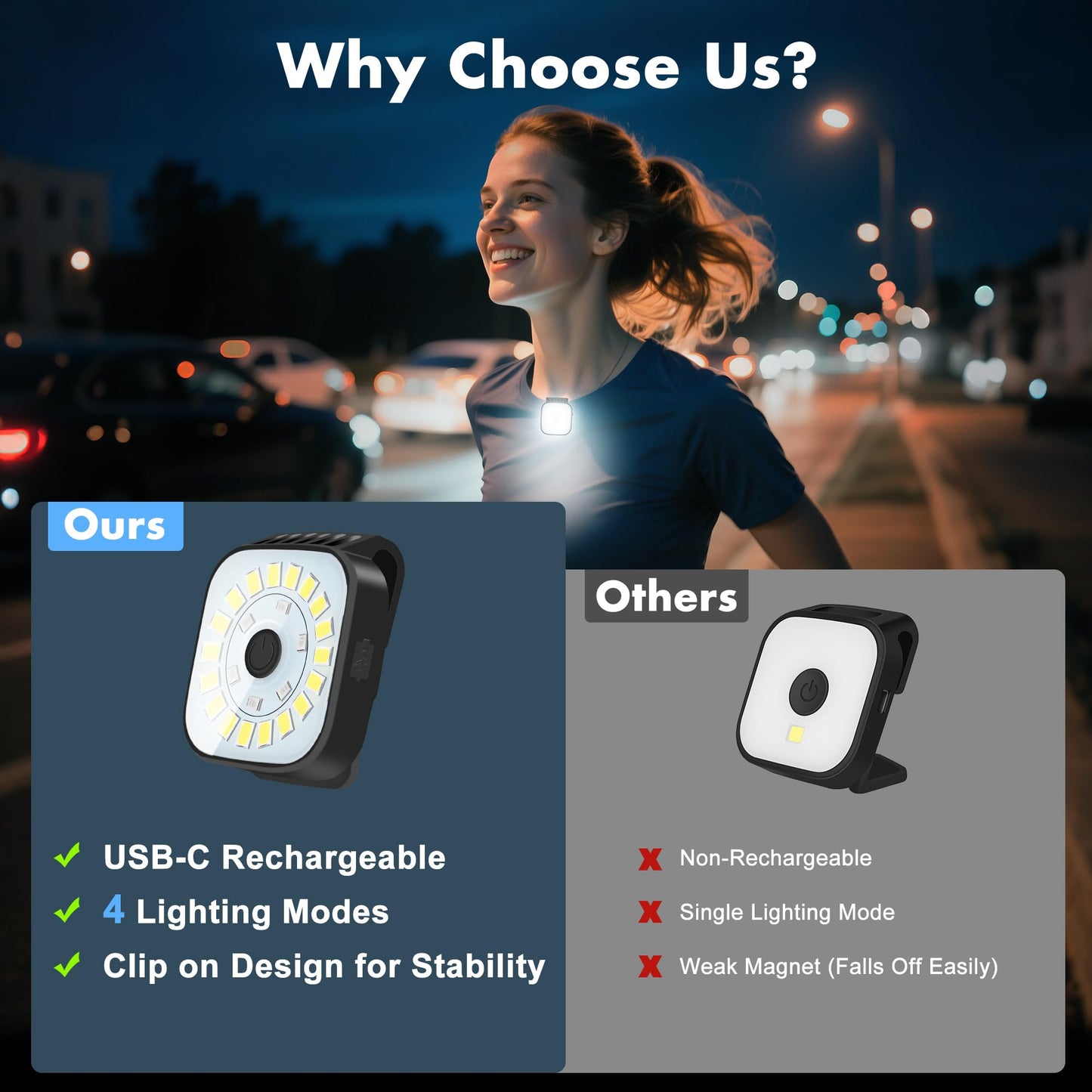 redaica 2 Pack Running Lights for Runners - Rechargeable Clip on Flashlight, Running Accessories for Men, Walking Light for Night Walking, 4 Modes Safety Dog Light, Jogging Biking Hiking Camping Gear