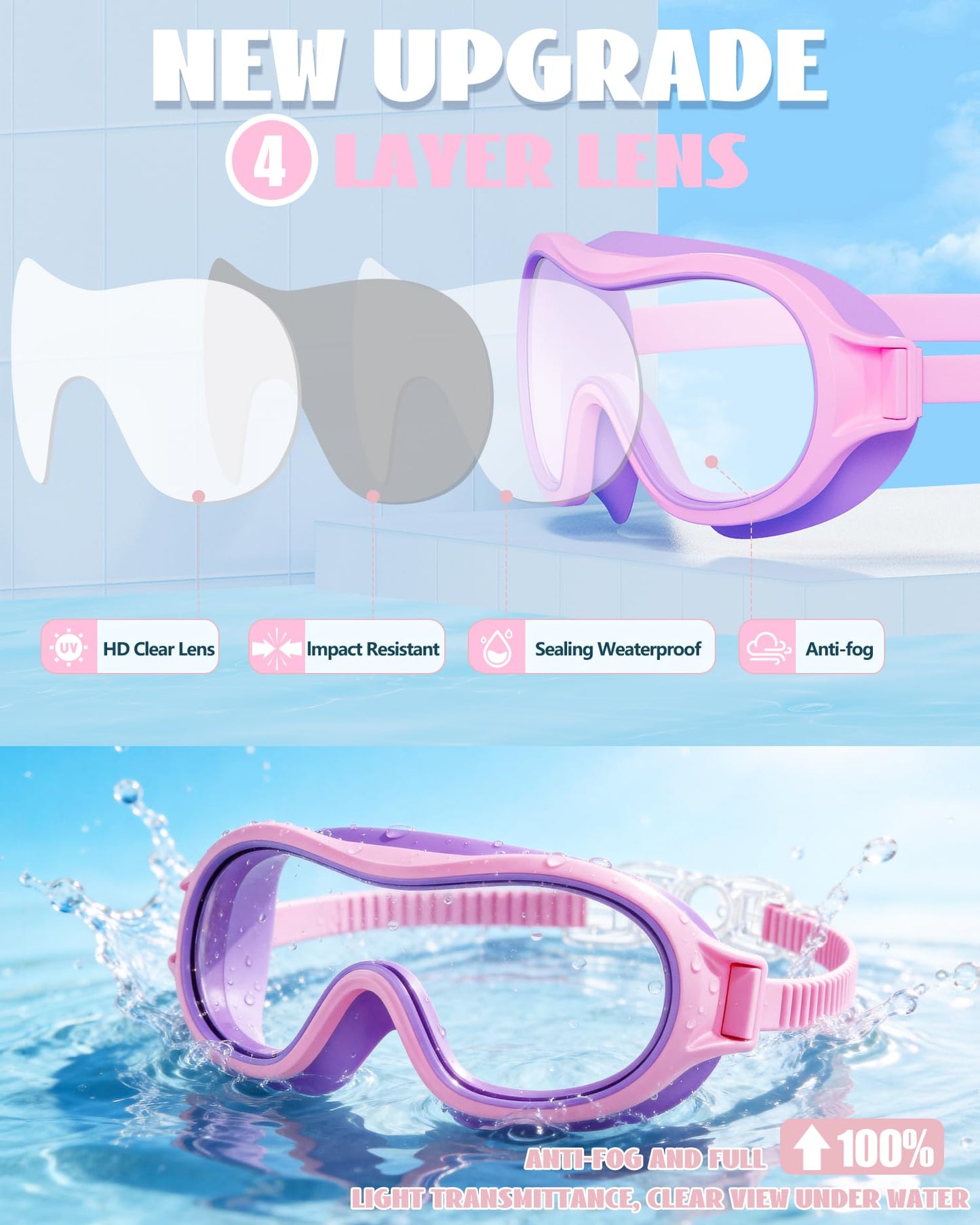Aegend 2 Pack Swim goggles for Kids 3-15, Anti-Fog Anti-UV Wide Vision Waterproof, No leak Swimming goggles for Boys Girls