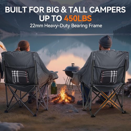 Huskfirm Oversized Padded Camping Chairs - Heavy-Duty Foldable Design with Cup Holder & Cooler Bag | Supports 450lbs, Grey