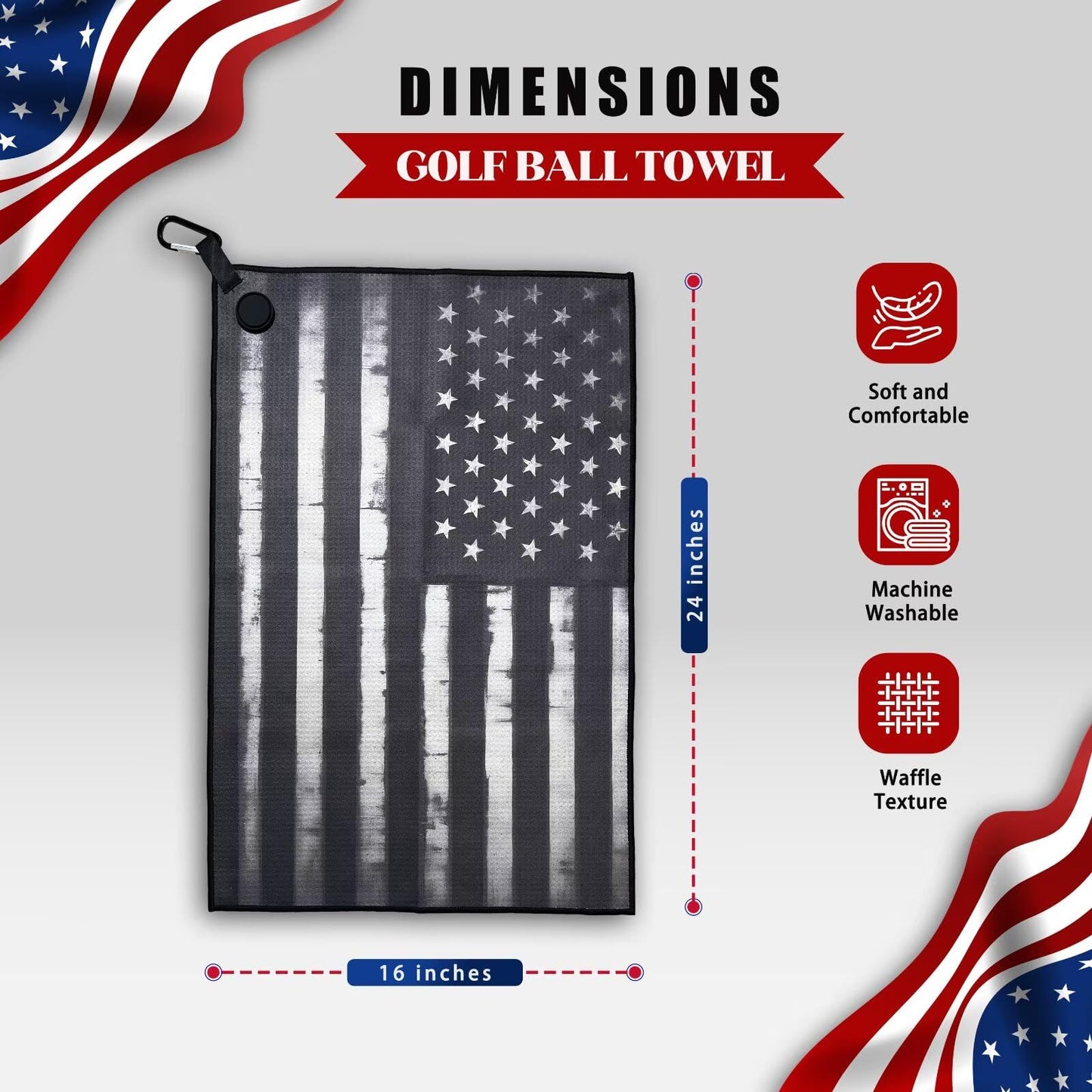 FCYDMN Magnetic Black American Flag Golf Towel 24×16 Inches Golf Towels for Golf Bags with Magnet and Carabiner Clip