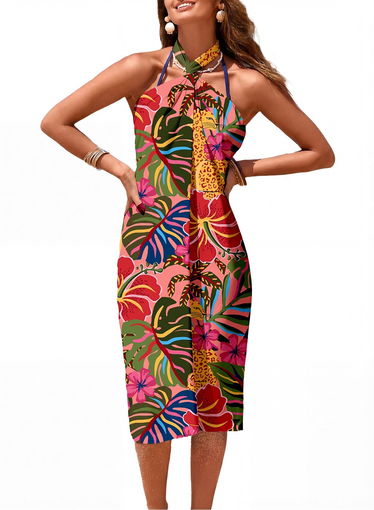 Herseas Women's Bathing Suit Cover Up High Slit Chiffon Wraps One Size Swimsuit Coverups 2026 Summer Tropical Animal Print Sheer Sarong Chic Flattering Resort Outfits Teen Girls