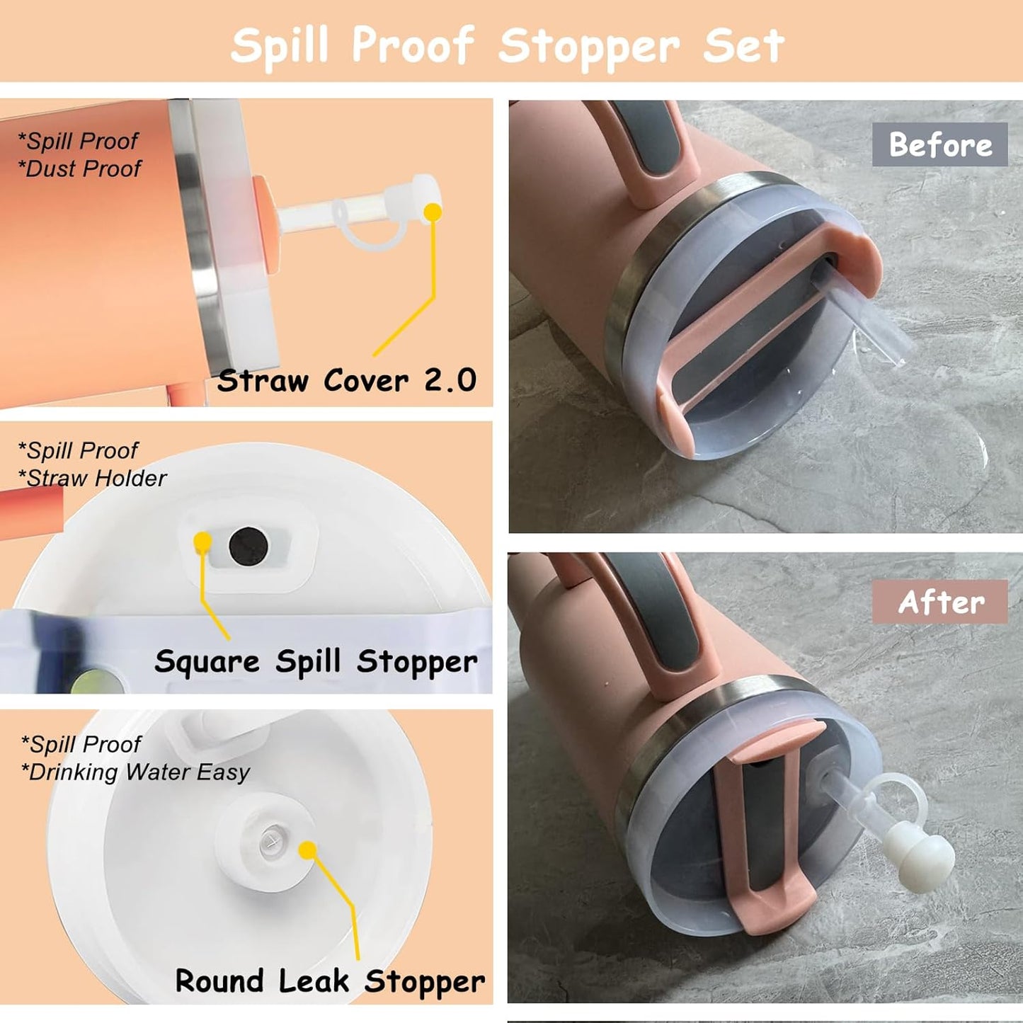 Stanley Cup Accessories Set - 2 Straw Covers, Spill-Proof Stopper & Cute Dog Charm | Sunshine Orange