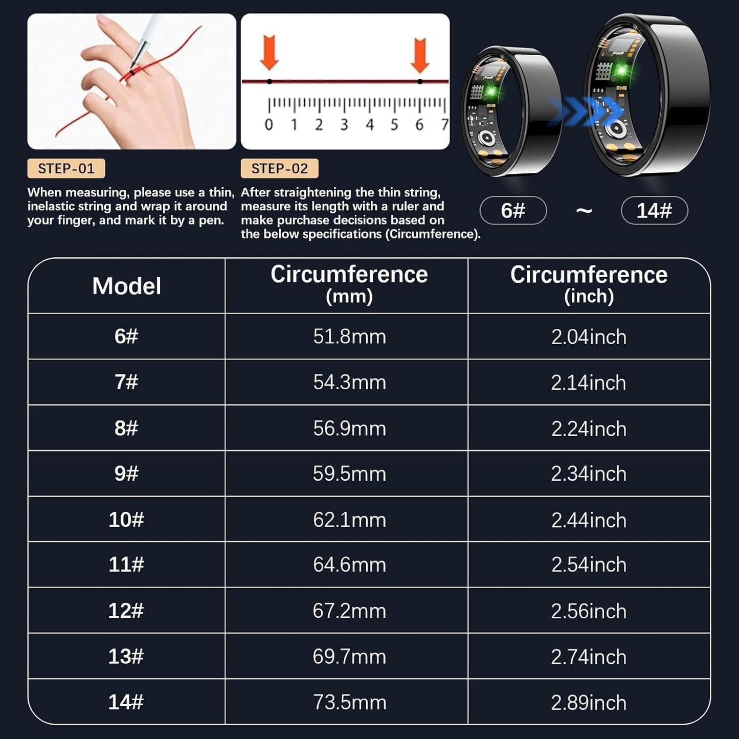 Ring Health Tracker for Women Men, Fit Ring with Heart Rate, Blood Oxygen, Sleep Monitor, Calories, Step Counter, IP68 Waterproof Smart Ring for iPhone & Android, No Subscription Fee (Black, 6#)