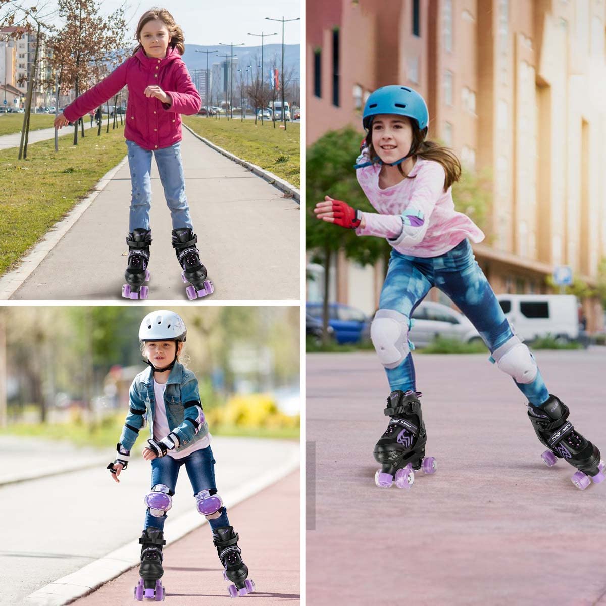 Kids Roller Skates for Girls Ages 6-12, Black&Purple 4 Sizes Adjustable Boys Roller Skates with Light up Wheels Size M