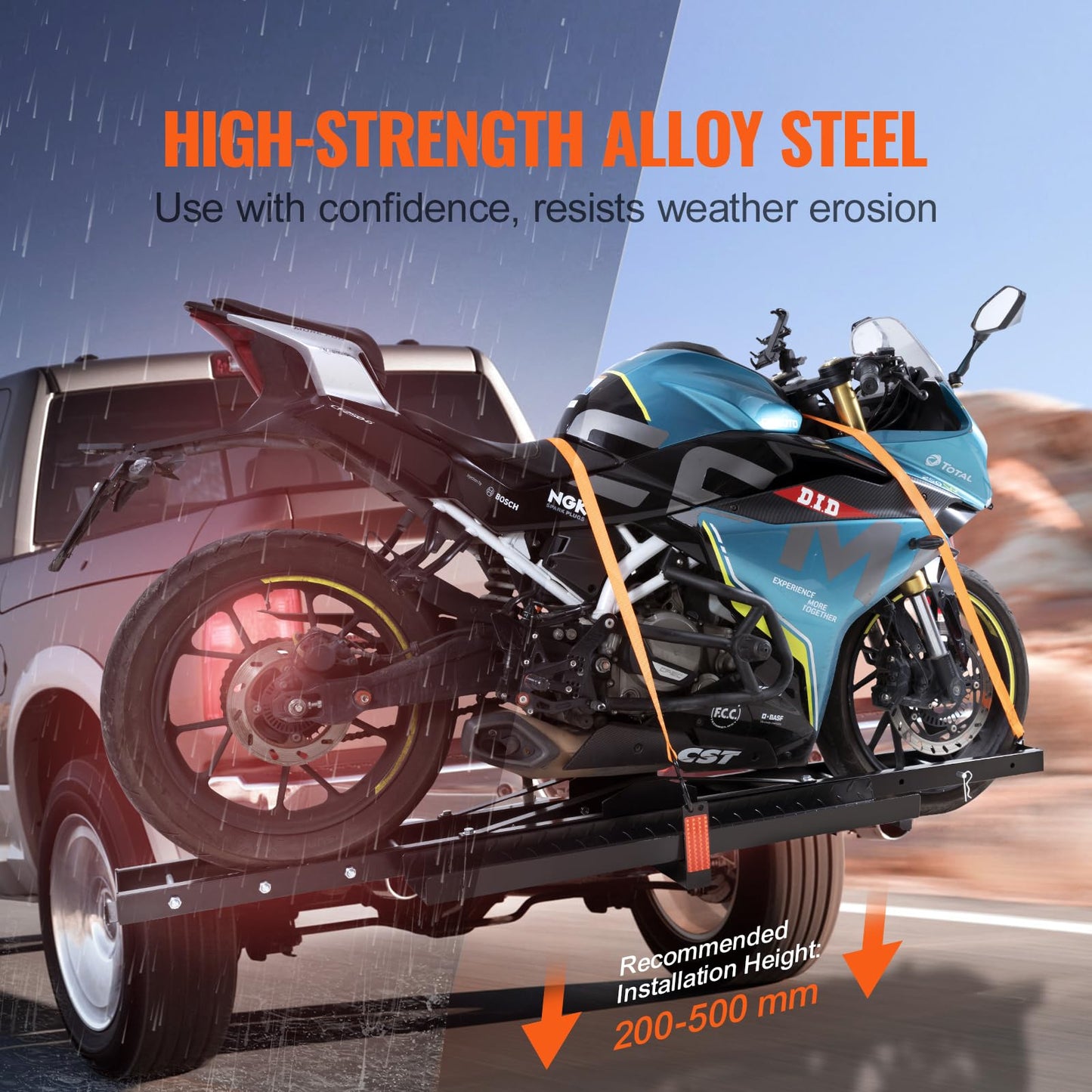 VEVOR Motorcycle Carrier, 600 LBS Steel Motorcycle Carrier Hitch Mount with 47" Longer Ramp, Scooter Dirt Bike Trailer Hauler with Ratchet Straps and Stabilizer, for Car, Truck with 2" Hitch Receiver